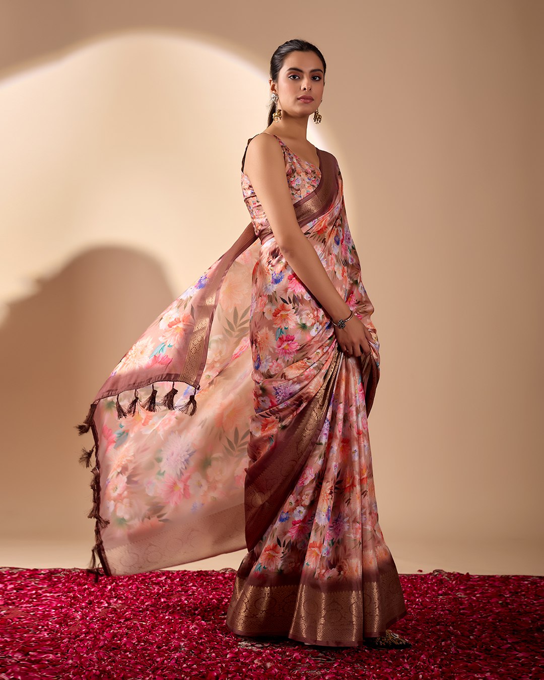 Elegant Soft Lichi Silk Saree featuring mesmerizing digital floral patterns and a rich golden zari border — the perfect blend of vintage charm and modern sophistication.