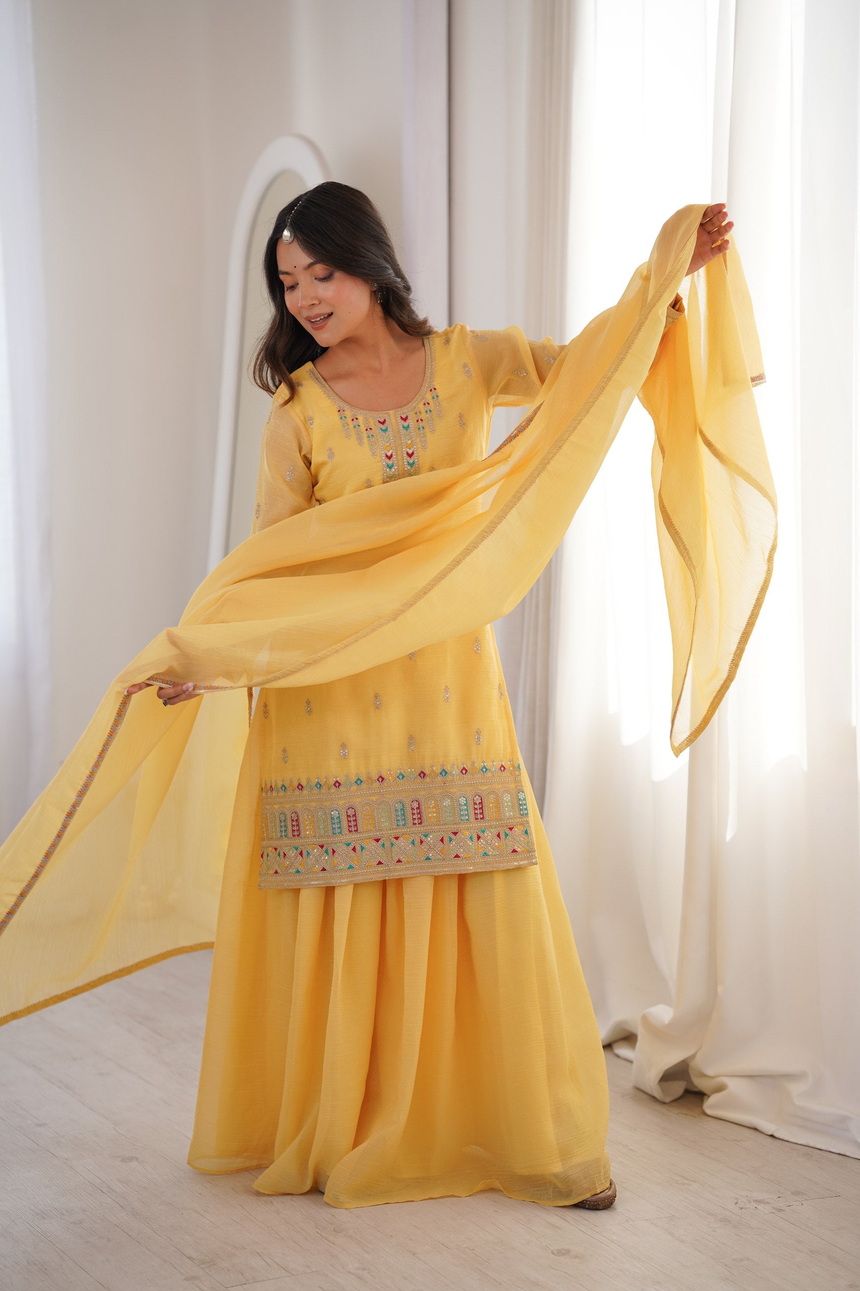 Elegant Crunchy Silk Kurta Sharara Set