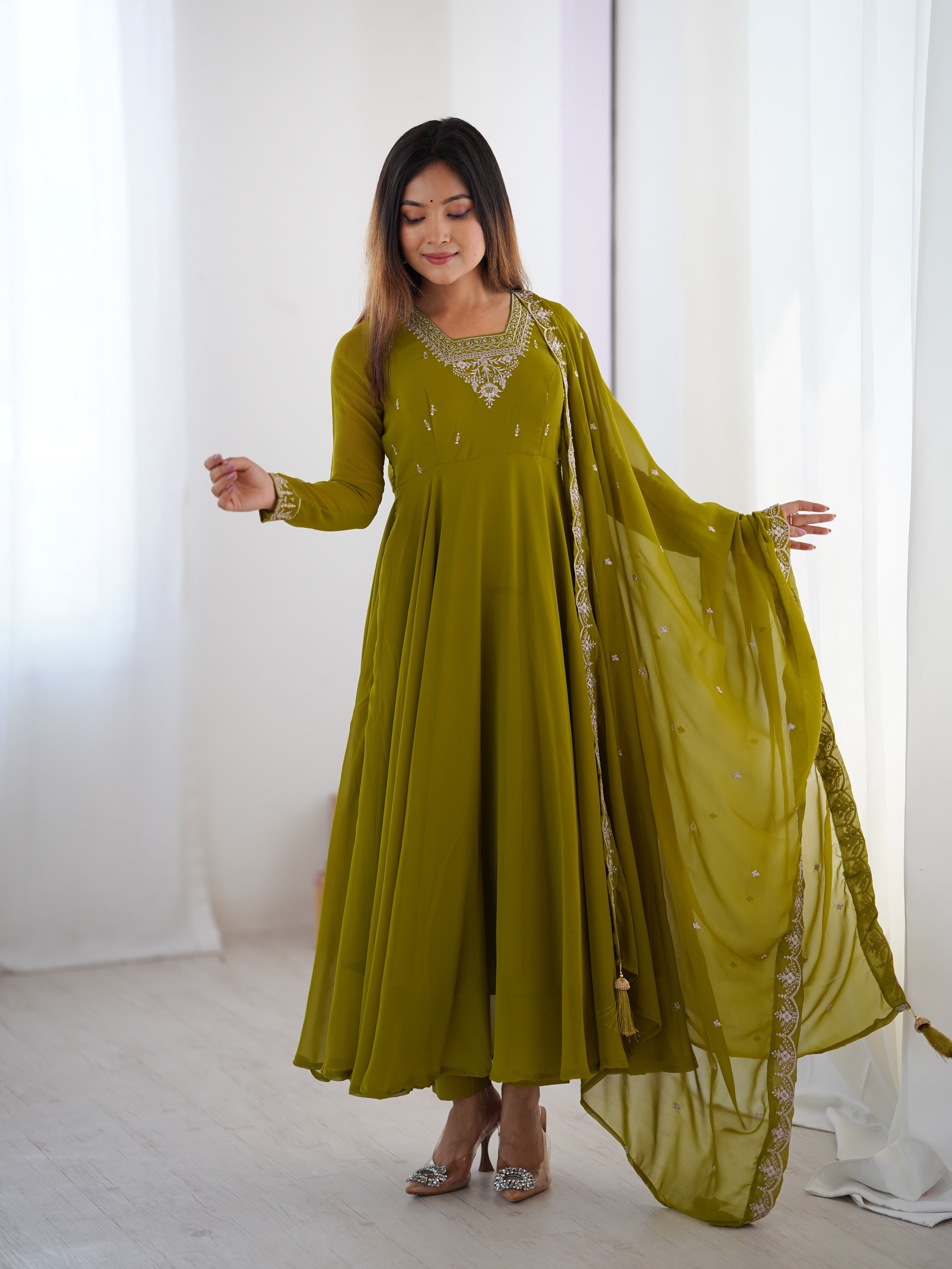 PURE SOFT FOX GEORGETTE FABRIC FULLY FLAIR ANARKALI,WITH DUPPTA SET,PENT READY TO WEAR