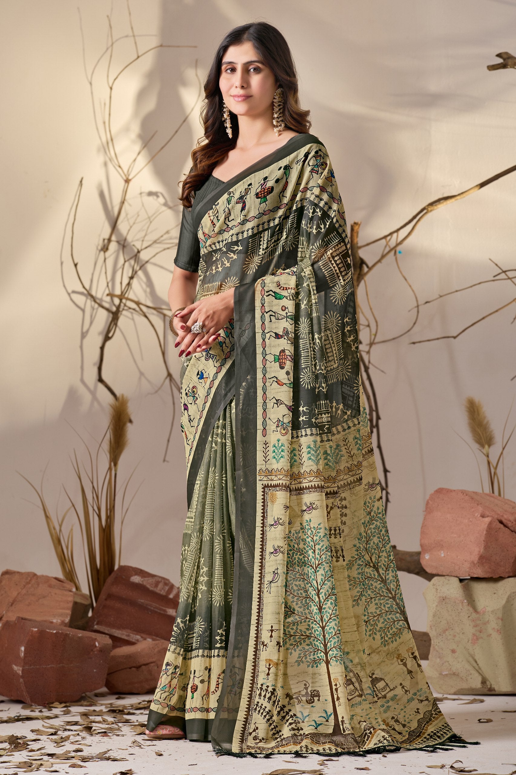 Soft Georgette Saree in Olive Green with Traditional Tribal Warli-Inspired Digital Prints and Rich Beige Panels Highlighted with Nature, Dance & Village Motifs + Intricate Tassel Detailing on the Pallu
