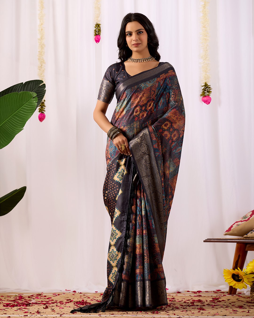 Elegant Soft Lichi Silk Saree with mesmerizing digital ethnic patterns and rich golden zari border — a perfect fusion of vintage artistry and modern luxury.