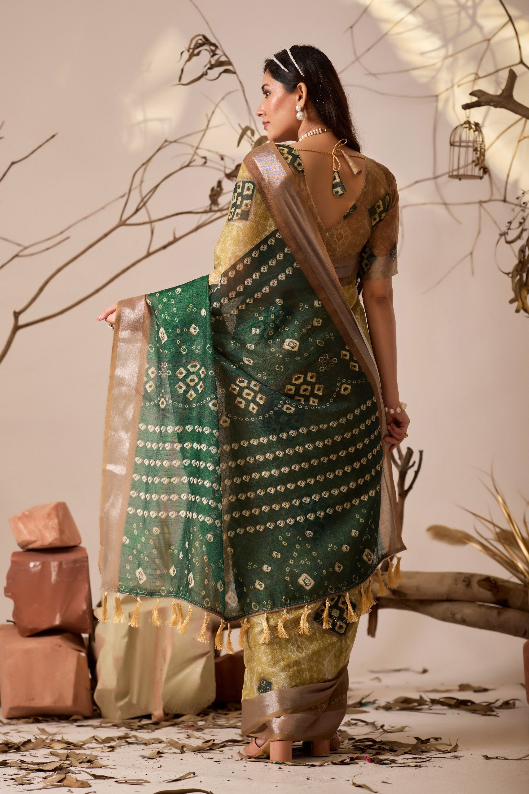 Premium Linen Cotton Saree with Traditional Patola & Ikat Style Digital Print with Classic Contrast Border