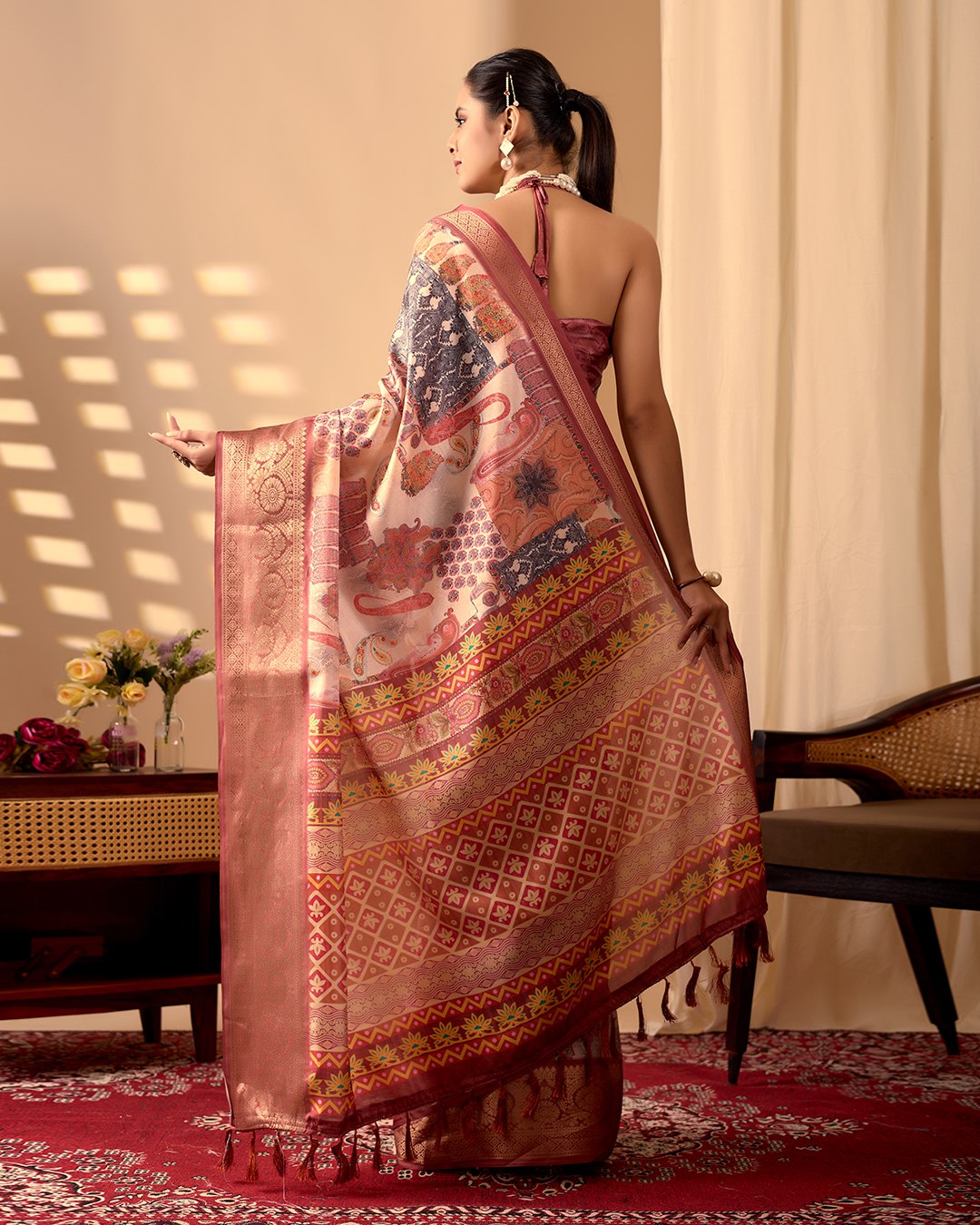Premium Soft Lichi Silk Saree in an Elegant Peach & Multicolor Shade, beautifully adorned with Traditional and Artistic Digital Prints.