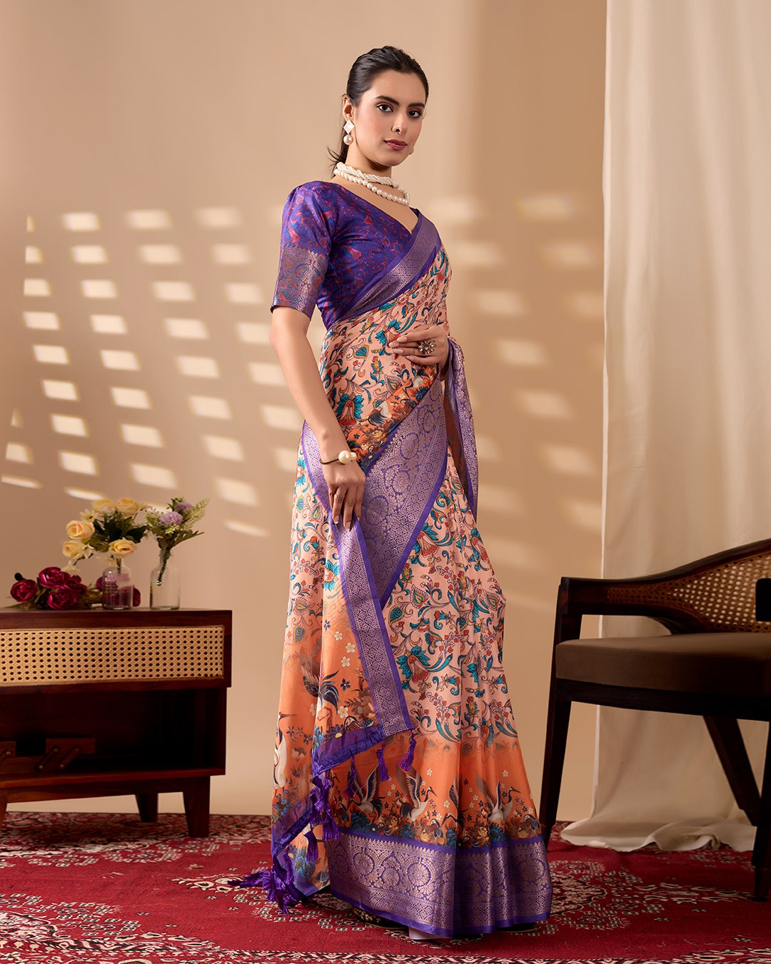 Elegant Soft Lichi Silk Saree featuring exquisite digital ethnic motifs and a royal purple golden zari border.