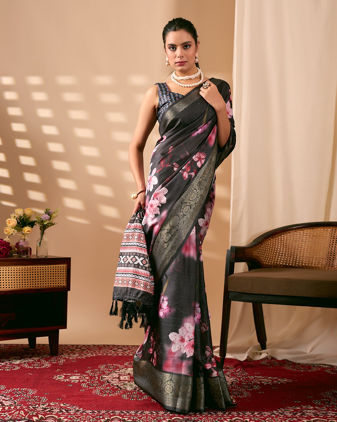Stunning Soft Lichi Silk Saree featuring digital floral artistry on a deep elegant base with a rich golden zari border.