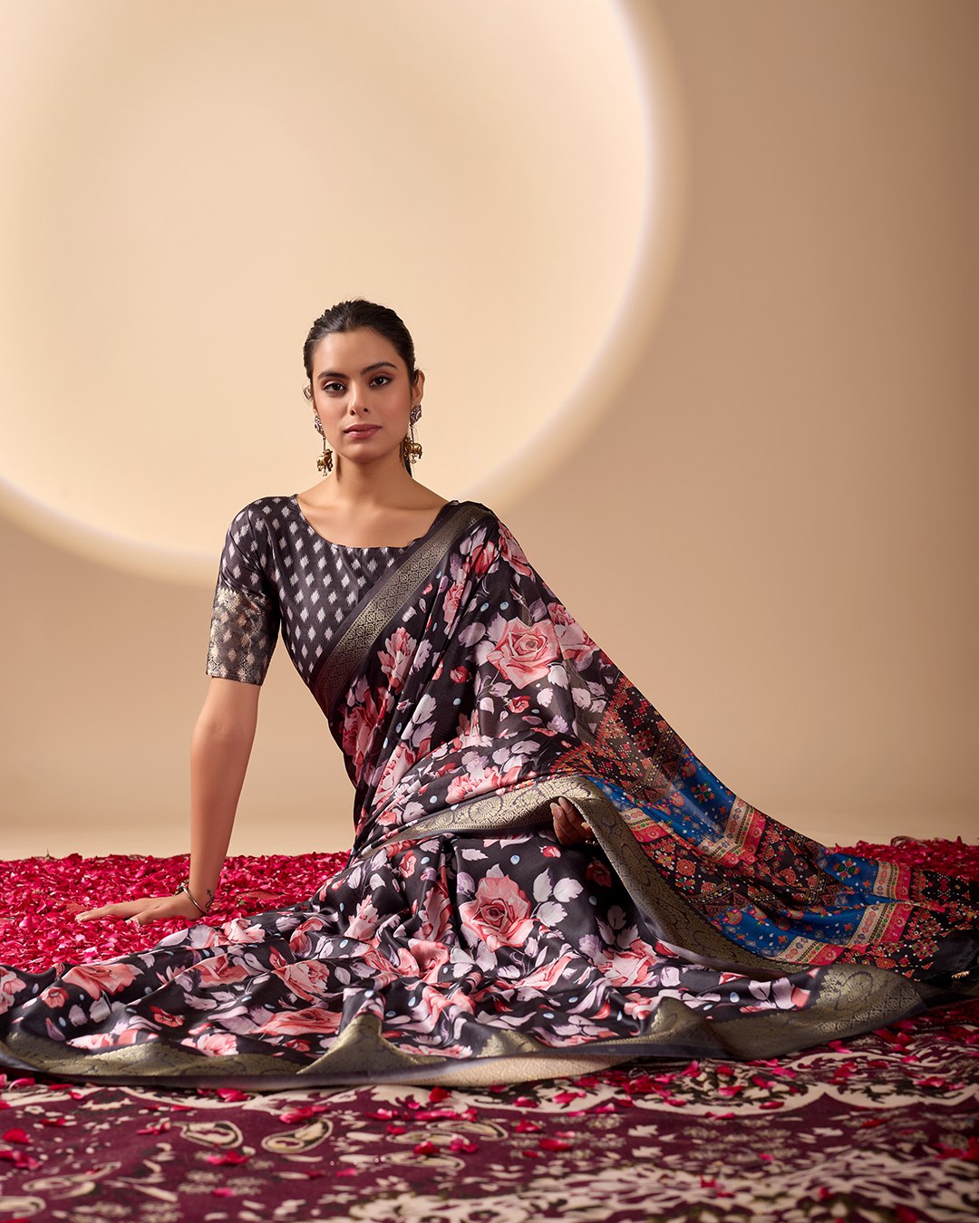 Premium Soft Lichi Silk Saree in Rich Black Tone, adorned with Artistic Floral Prints and a Vibrant Traditional Multicolor Pallu.