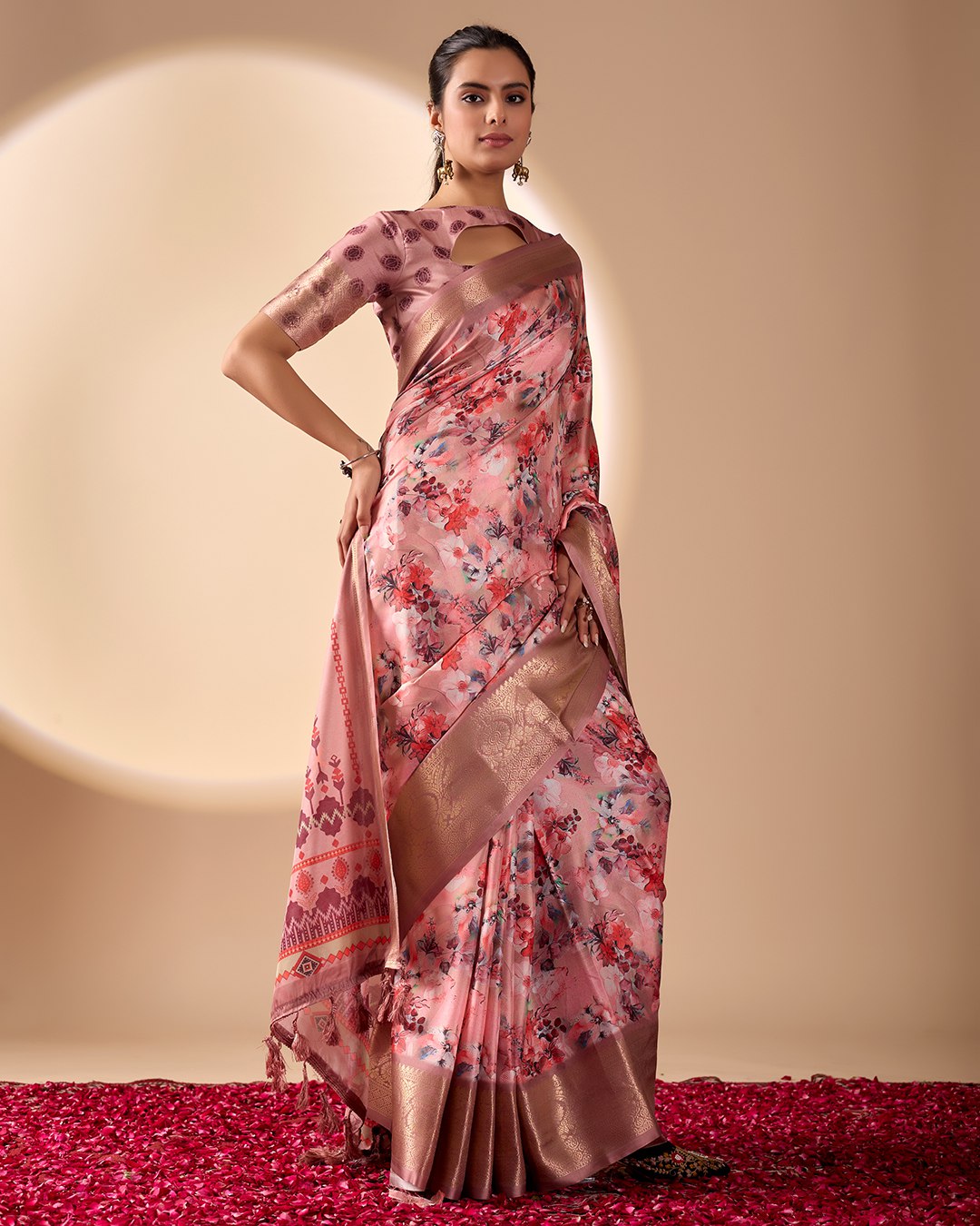 Gorgeous Soft Lichi Silk Saree with enchanting digital floral prints and a rich golden zari border.
