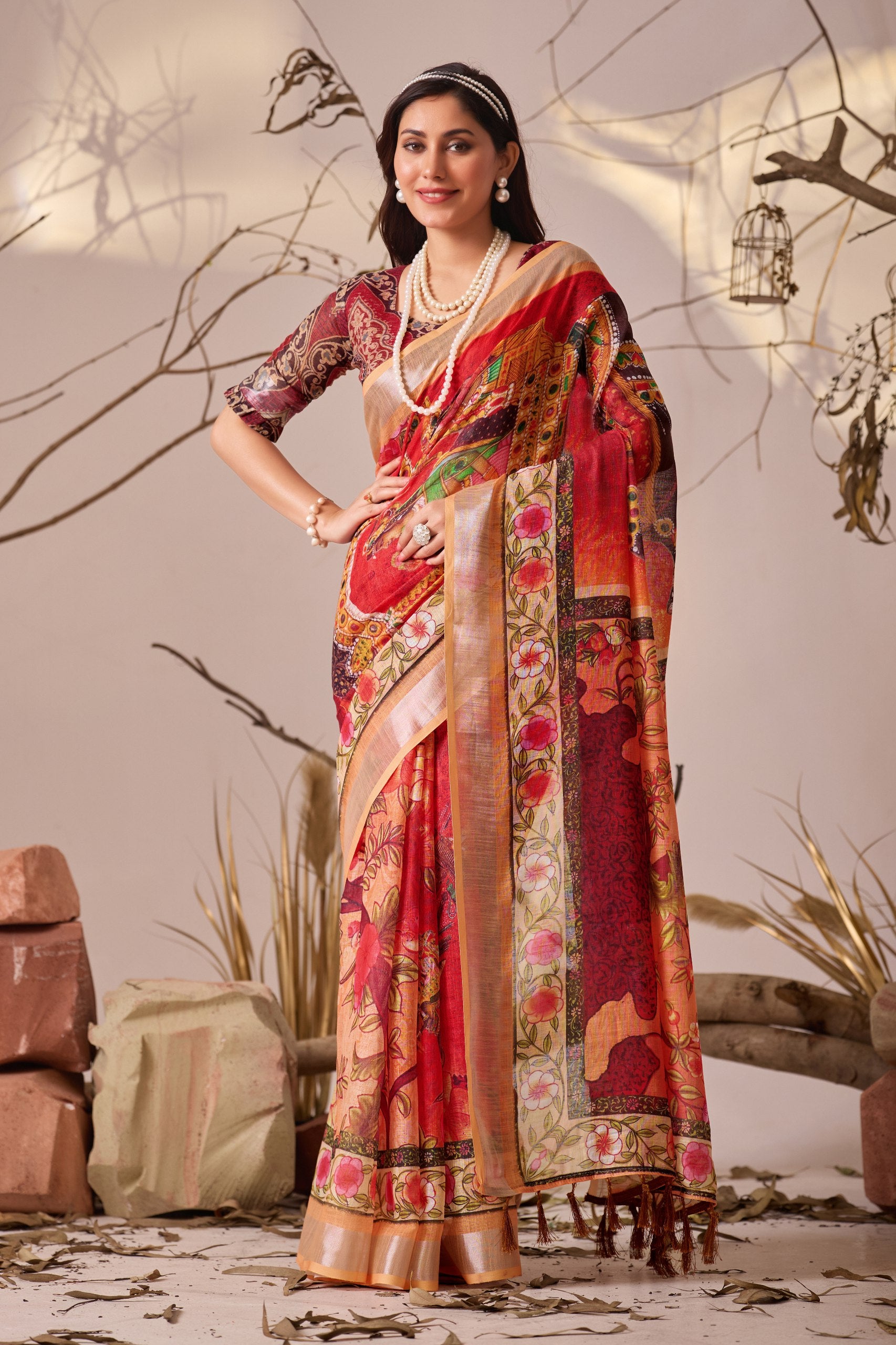 Premium Linen Cotton Saree with Elegant Digital Floral & Artistic Print & Classic Contrast Patola Style Border