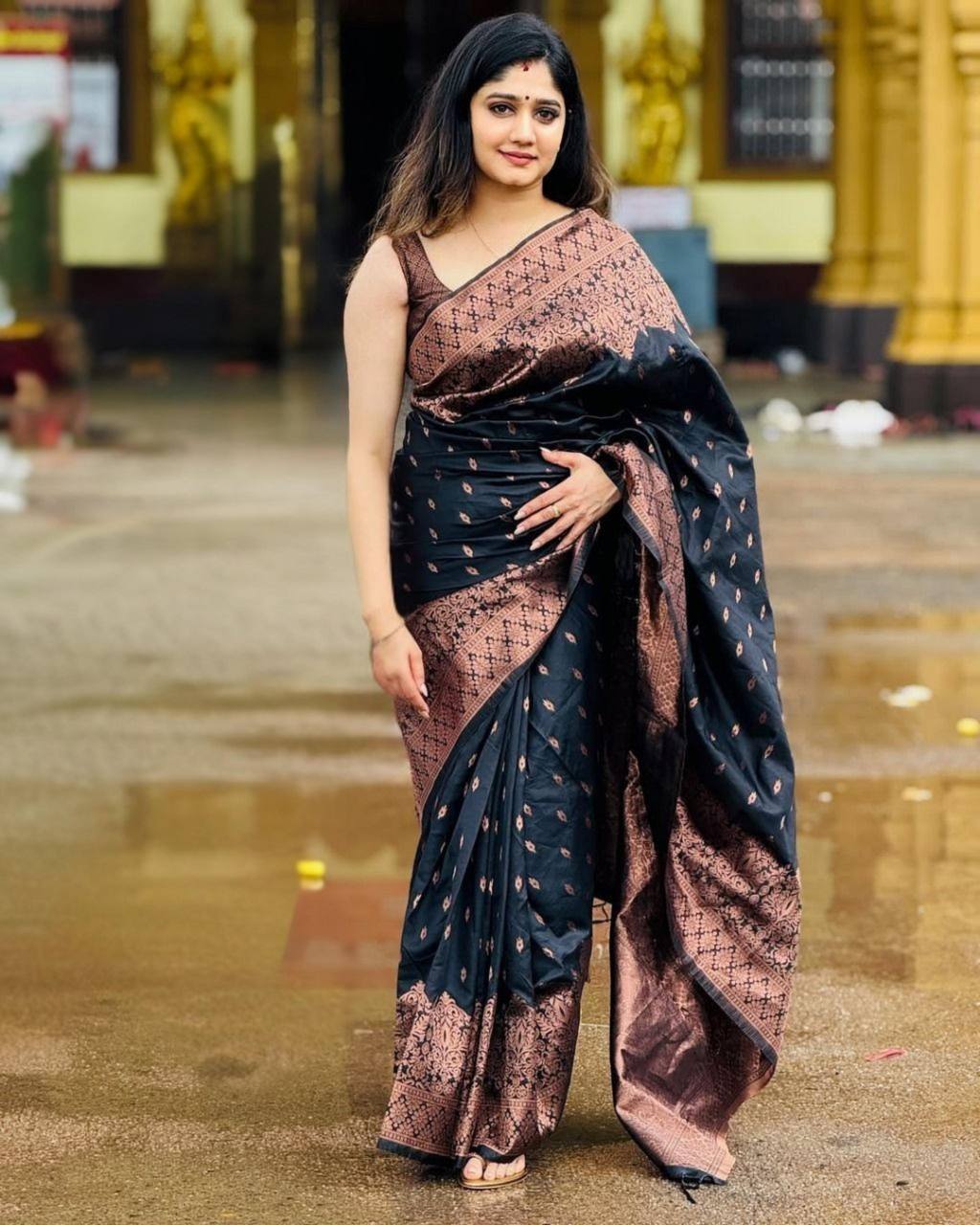 Black South Indian Saree in Soft Lichi Silk With Copper Zari Weaving and Blouse
