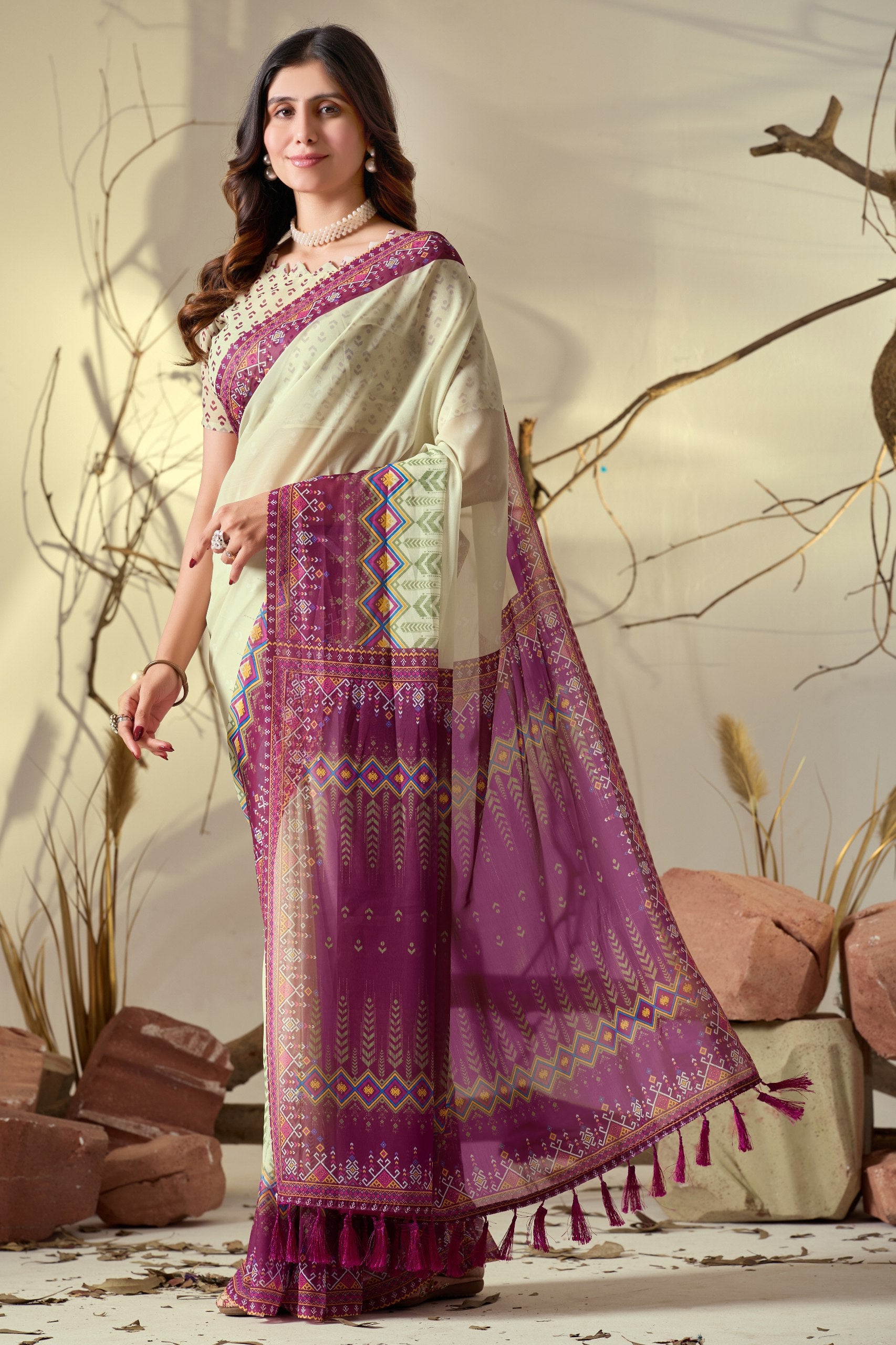 Soft Georgette Saree with Artistic Cream body and Deep Pink Geometric Digital Print border and pallu with Tassel Detailing (5.5 Mtr Saree)
