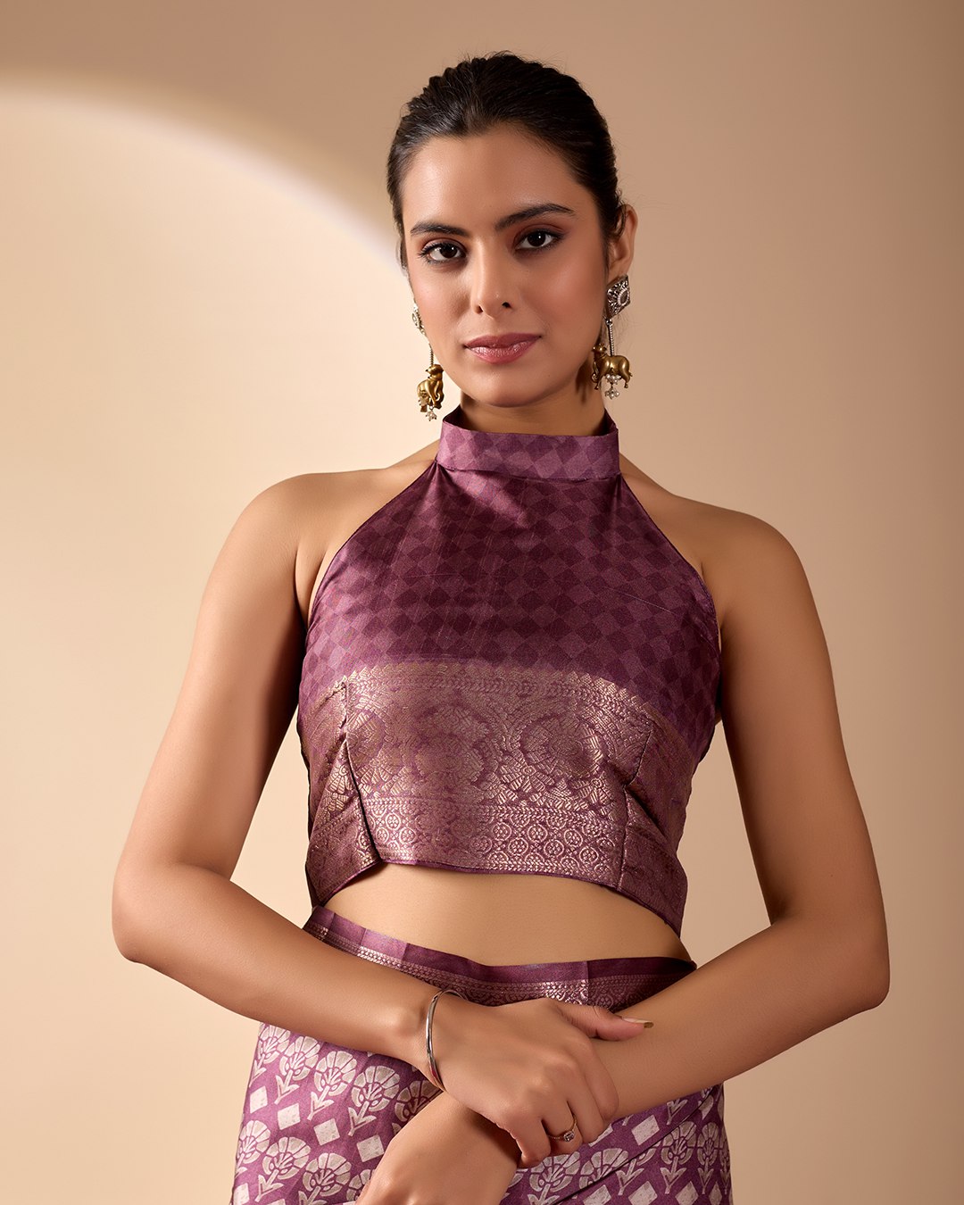 Regal Soft Lichi Silk Saree adorned with intricate digital ethnic weaving motifs and a luxurious golden zari border.