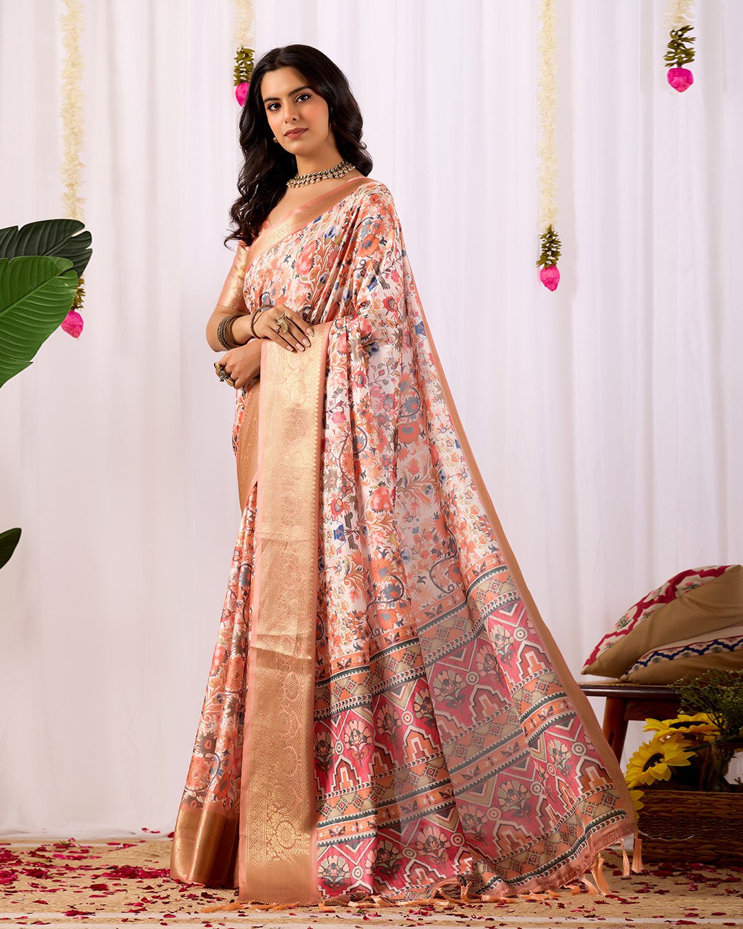 Premium Soft Lichi Silk Saree adorned with intricate floral digital weaving and luxurious golden zari border — blending timeless charm with regal grace.