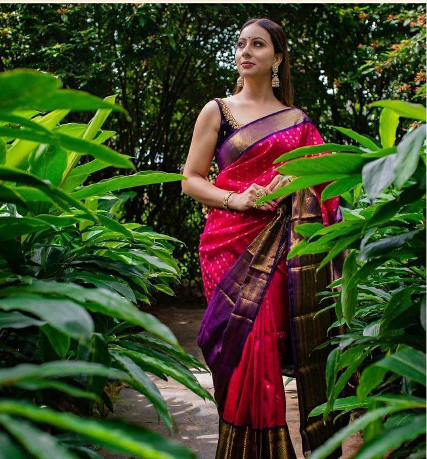 Buy Mesmerizing Pink With Purple Color Soft Lichi Silk Saree