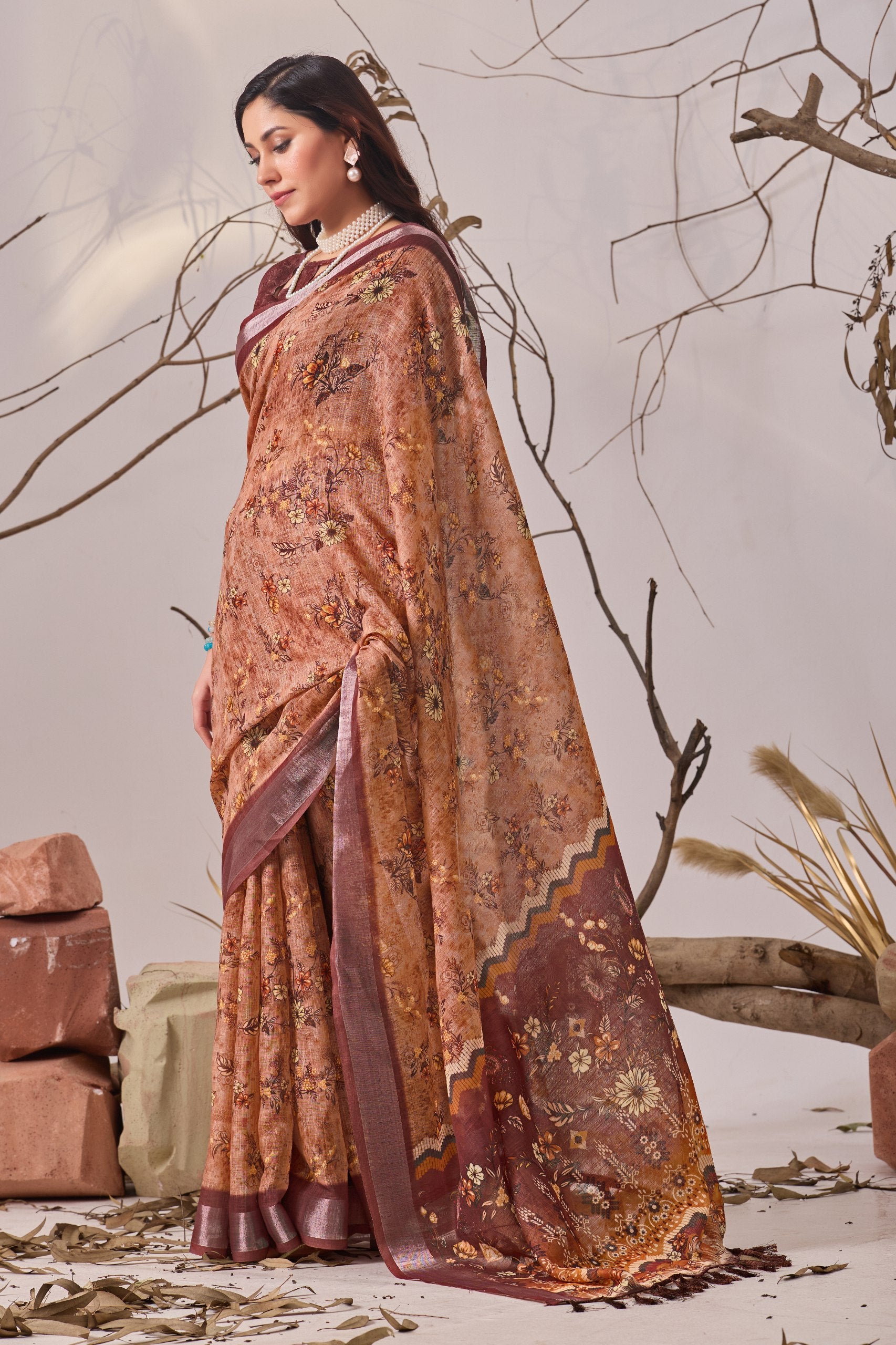 Linen Cotton Saree with Elegant Digital Floral & Traditional Woven-Style Print
