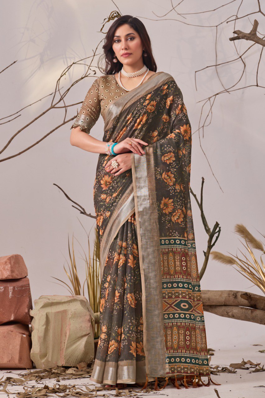 Linen Cotton Saree with Beautiful floral pattern Digital Printed Design