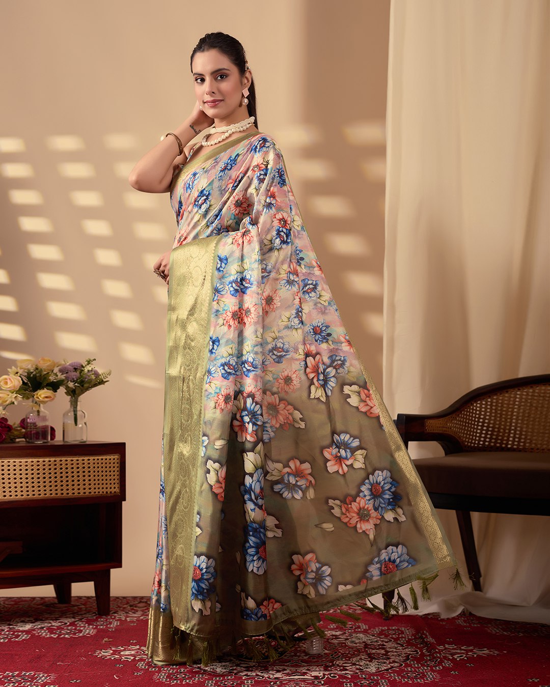 Elegant Soft Lichi Silk Saree adorned with mesmerizing digital floral patterns and a rich golden zari border