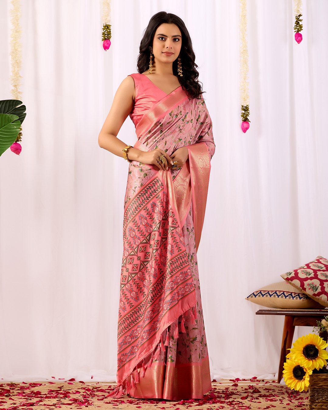Premium Soft Lichi Silk Saree with a delicate floral print and a rich zari woven border, perfectly blending traditional elegance with modern grace.