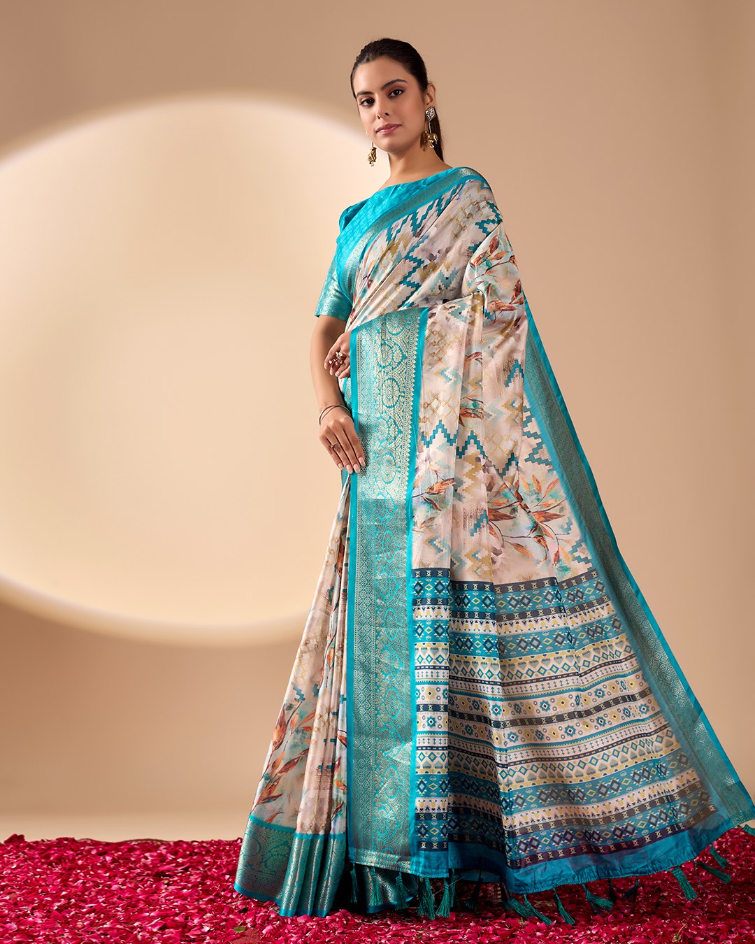 Soft Lichi Silk Saree featuring an Exquisite Combination of Modern Digital Print and Rich Traditional Zari Woven Border.