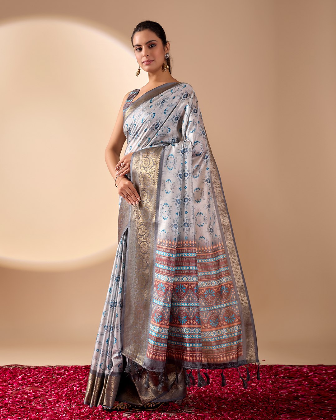 Premium Soft Lichi Silk Saree in Elegant Sea Green Shade, adorned with Artistic Abstract & Floral Digital Prints and enriched with a Luxurious Golden Zari Woven Border