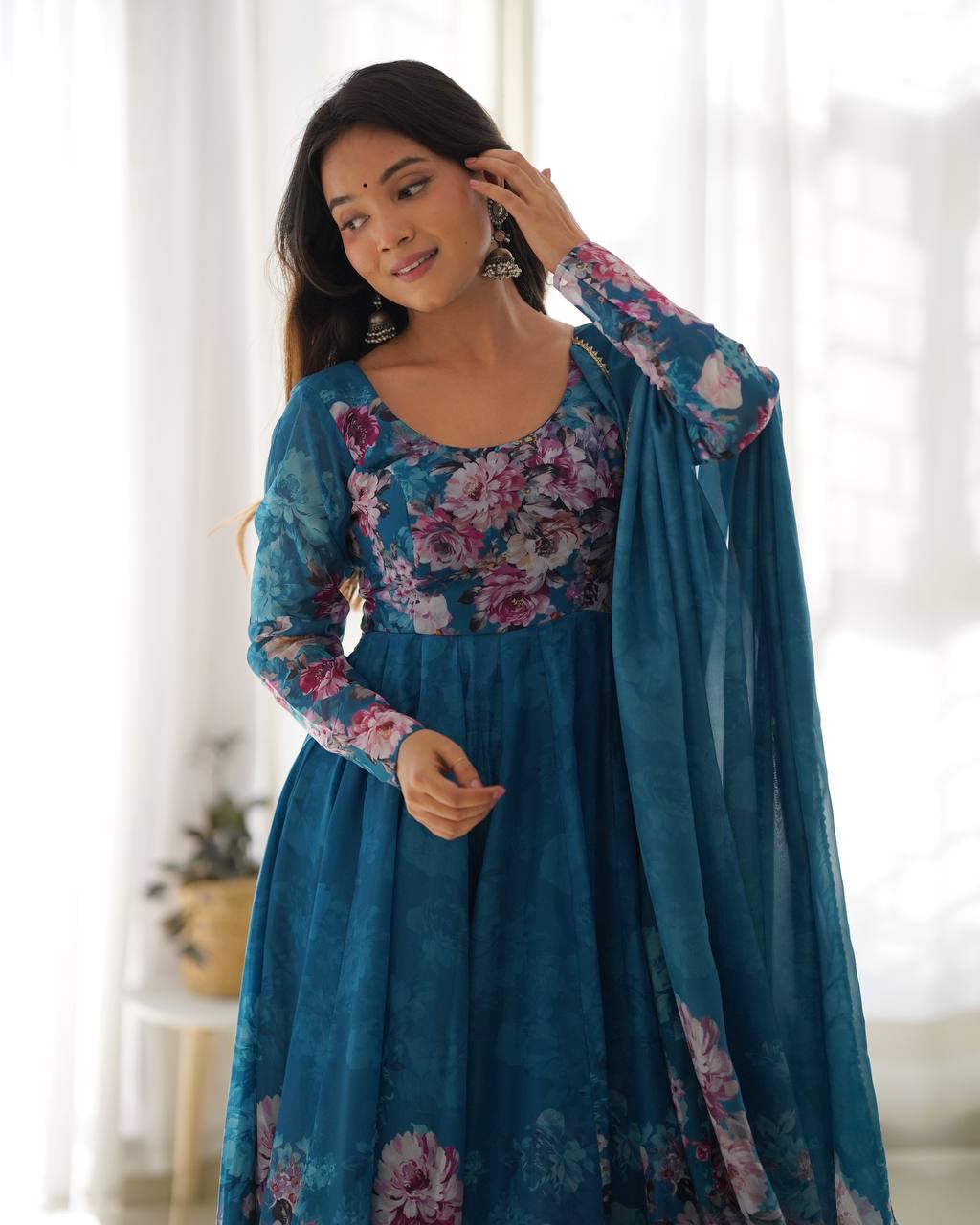Floral Print Organza Three Piece Anarkali Suit