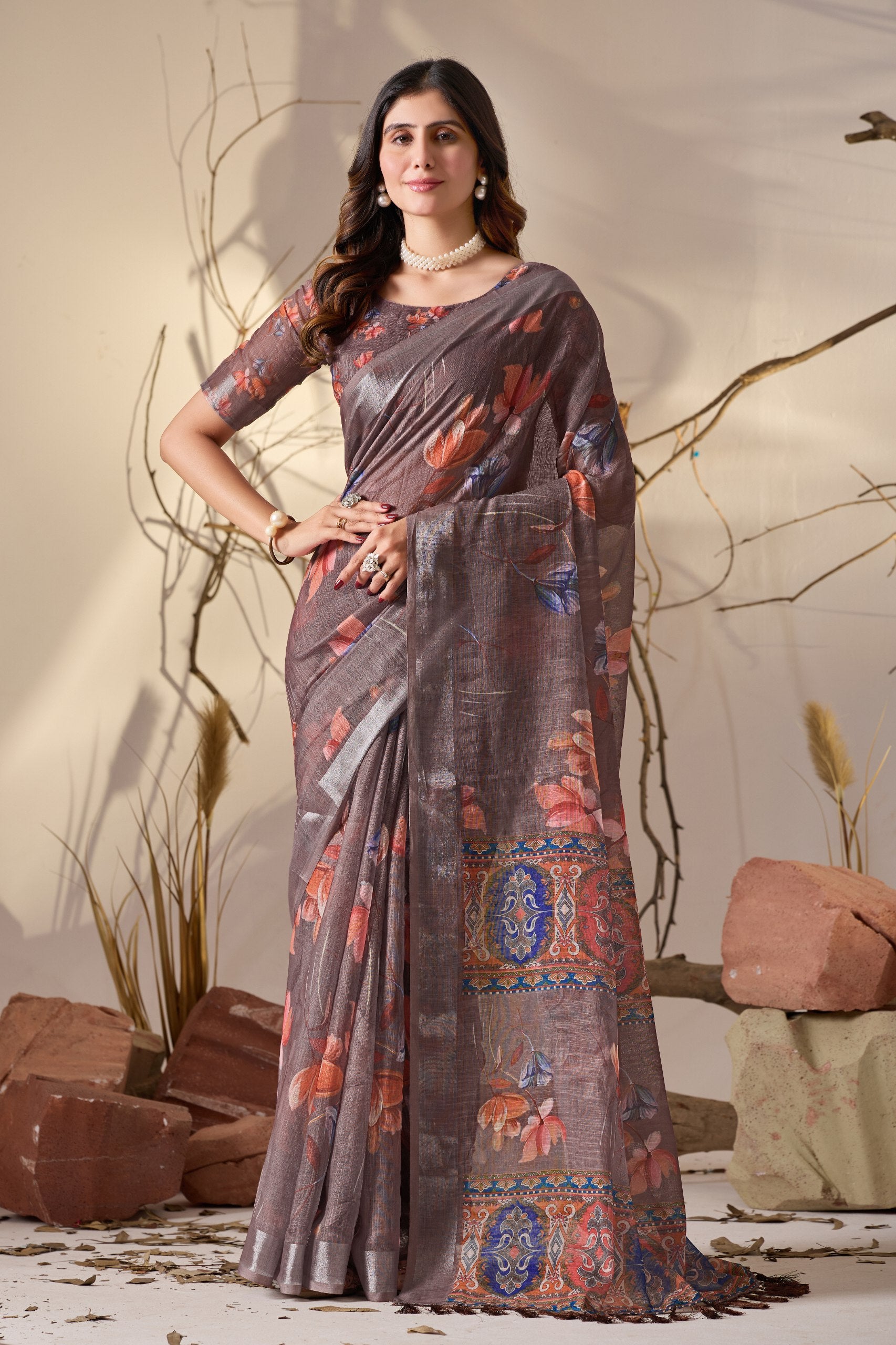 Premium Linen Cotton Saree with Elegant Digital Floral Print & Exquisite Patola Inspired Border Detailing