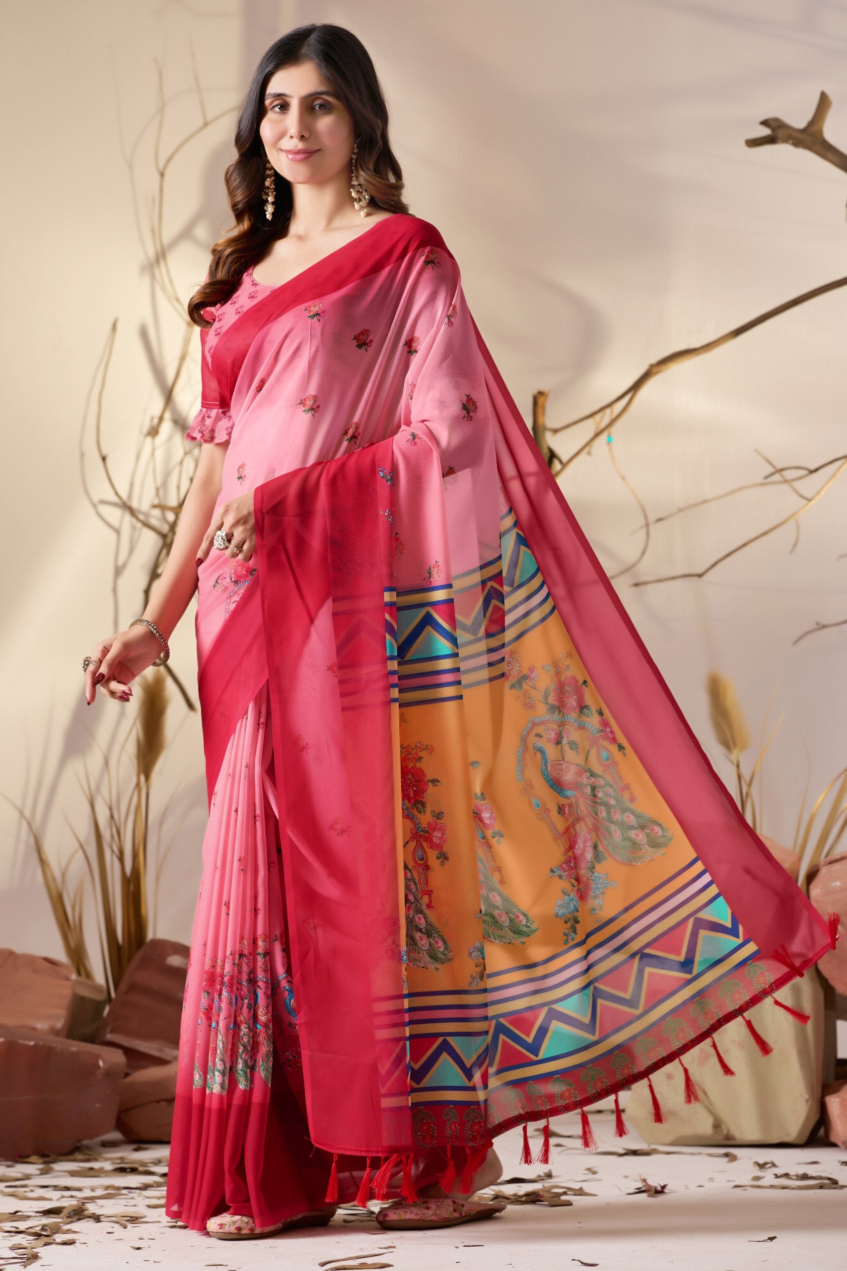 Soft Georgette Saree in Dual Pink Shades Accented with Delicate Floral Digital Printed sarees