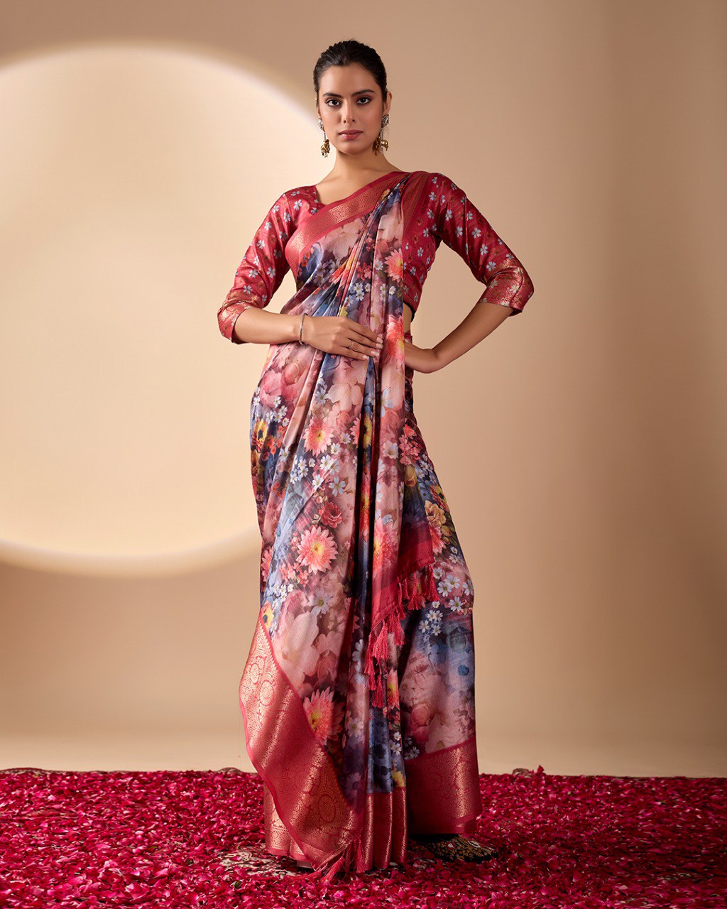Luxurious Soft Lichi Silk Saree in Deep Wine Rose Shade featuring enchanting floral digital prints and complemented by a rich woven zari border & pallu — an epitome of elegance, beauty, and sophistication.