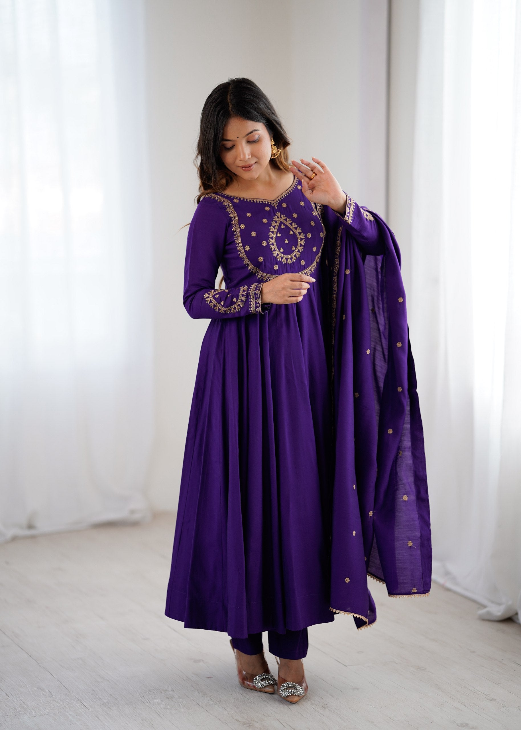 Premium Roman Chanderi Silk Anarkali Set