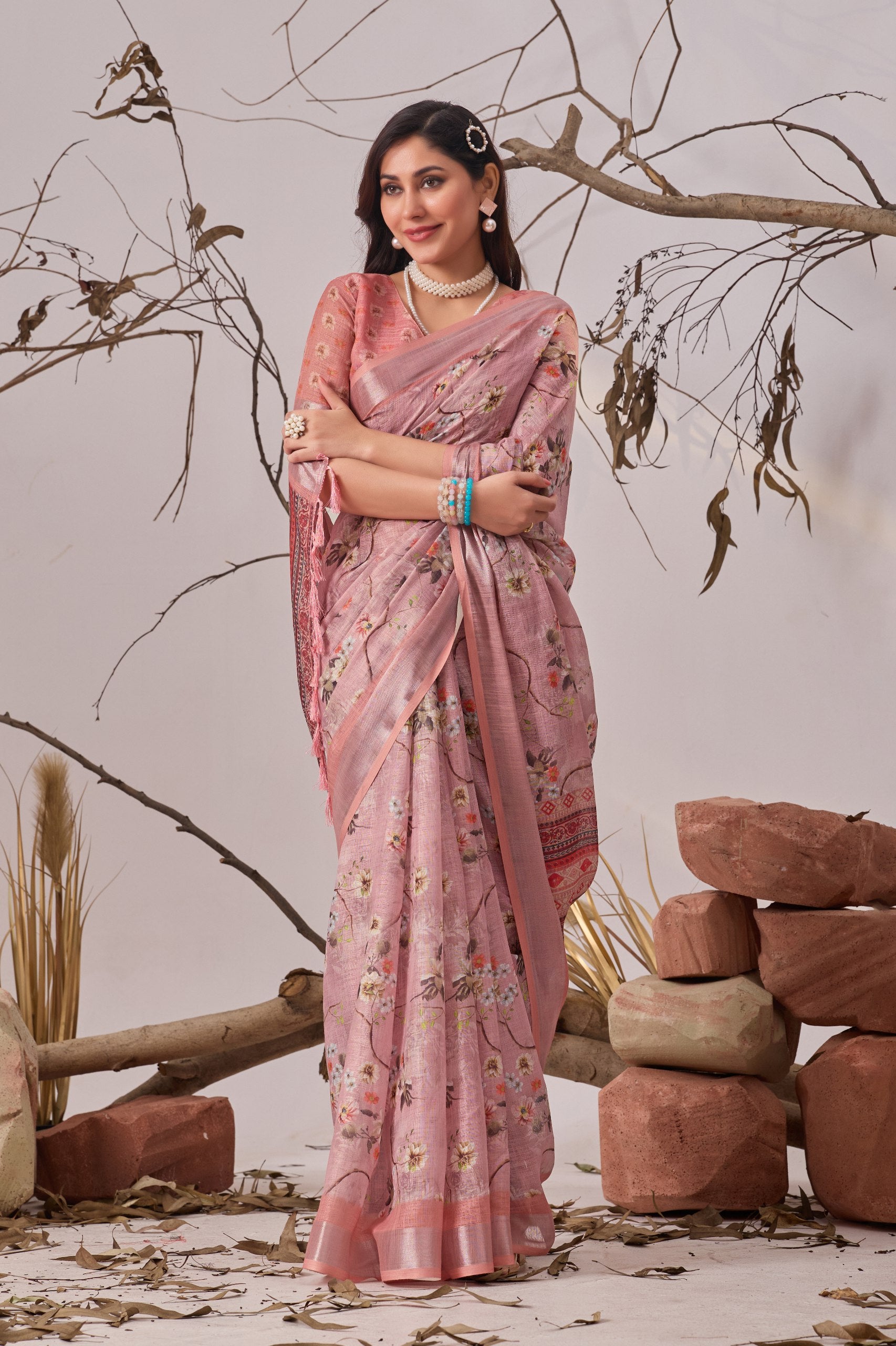 Premium Linen Cotton Saree with Graceful Digital Floral Print & Traditional Patola Border Design