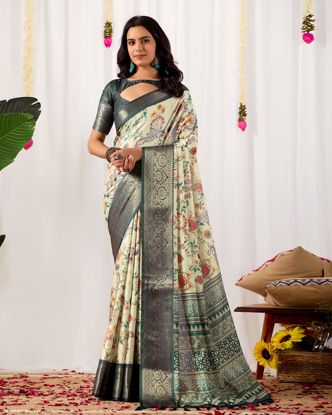Premium Soft Lichi Silk Saree adorned with vibrant digital floral prints, complemented by a rich, intricately woven zari border — a perfect blend of luxury and tradition.