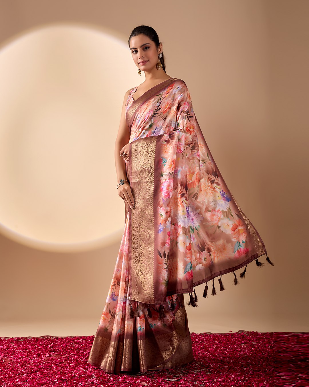 Elegant Soft Lichi Silk Saree featuring mesmerizing digital floral patterns and a rich golden zari border — the perfect blend of vintage charm and modern sophistication.