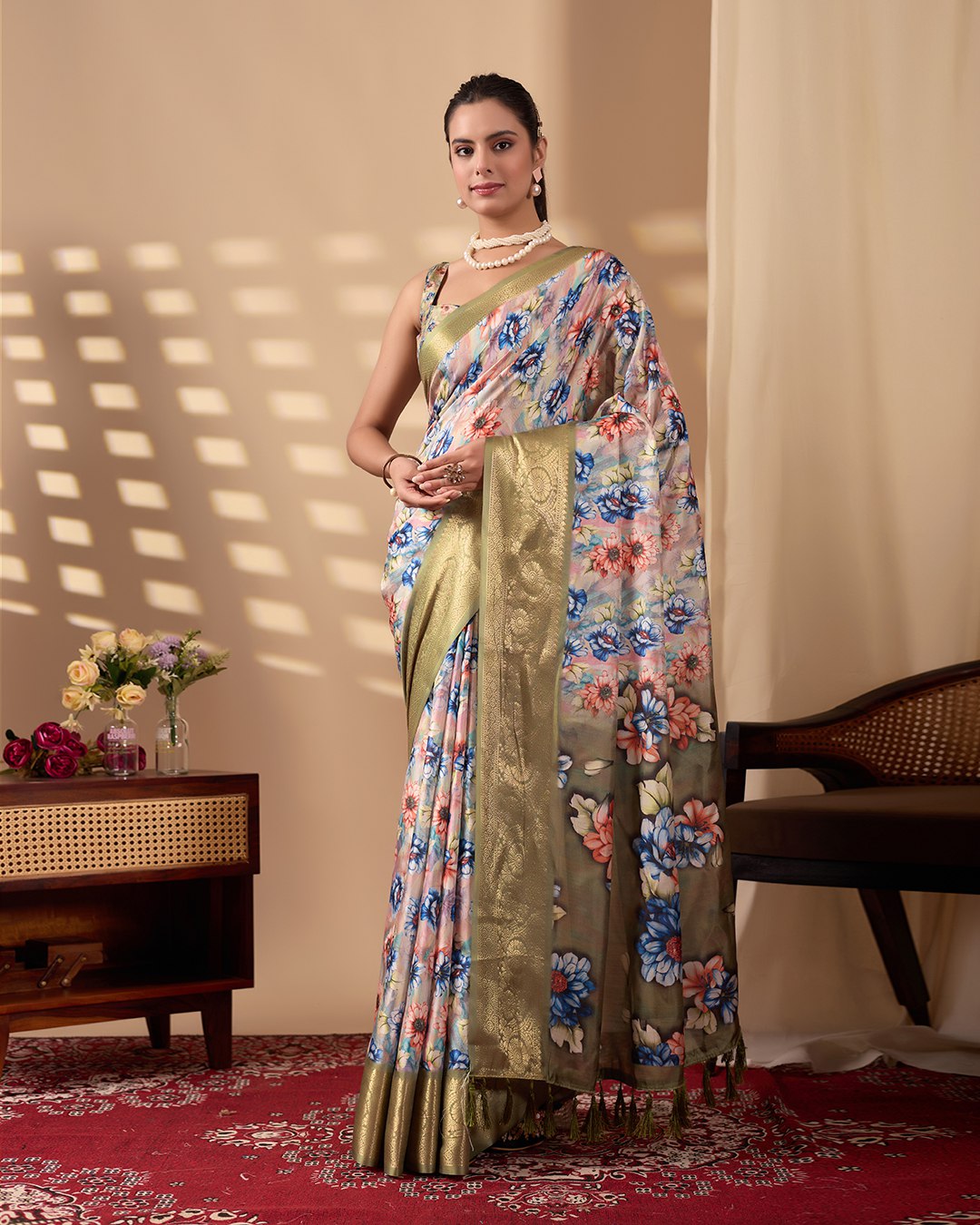 Elegant Soft Lichi Silk Saree adorned with mesmerizing digital floral patterns and a rich golden zari border