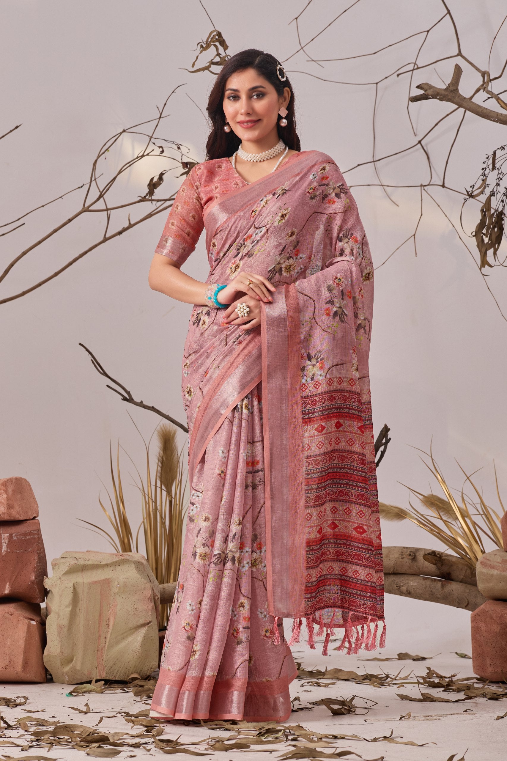 Premium Linen Cotton Saree with Graceful Digital Floral Print & Traditional Patola Border Design