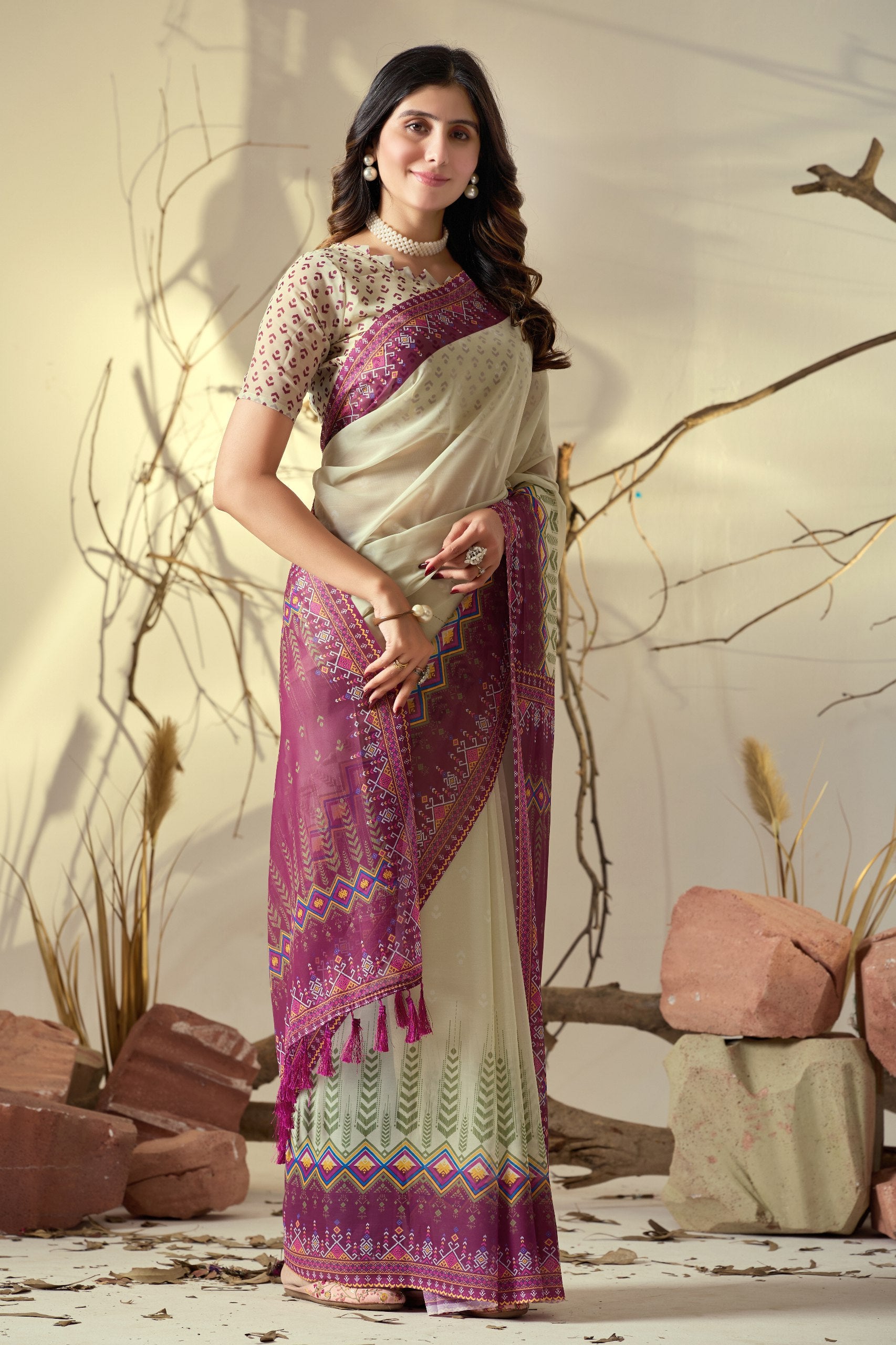 Soft Georgette Saree with Artistic Cream body and Deep Pink Geometric Digital Print border and pallu with Tassel Detailing (5.5 Mtr Saree)