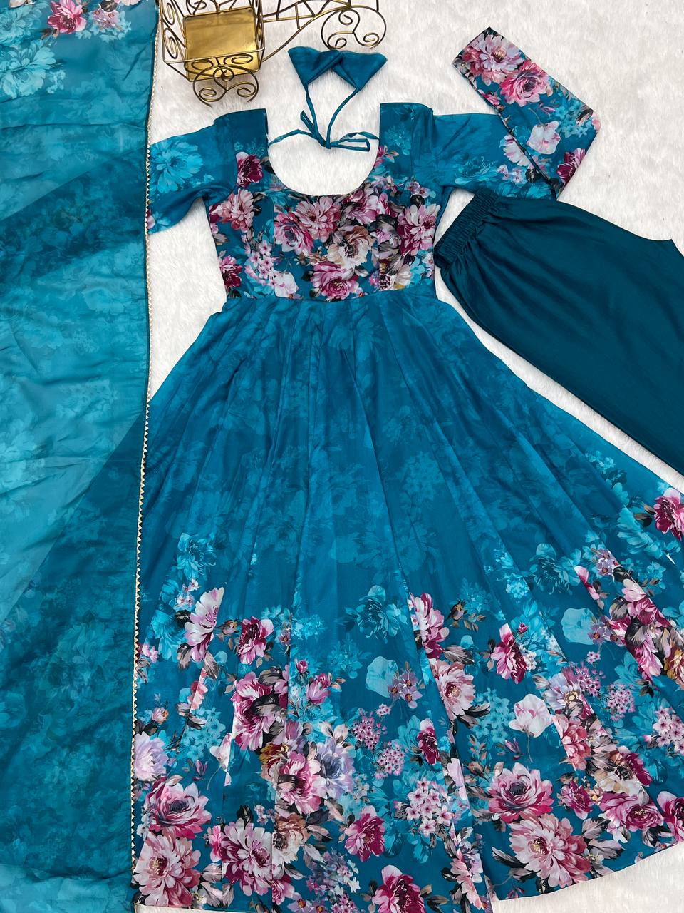Floral Print Organza Three Piece Anarkali Suit