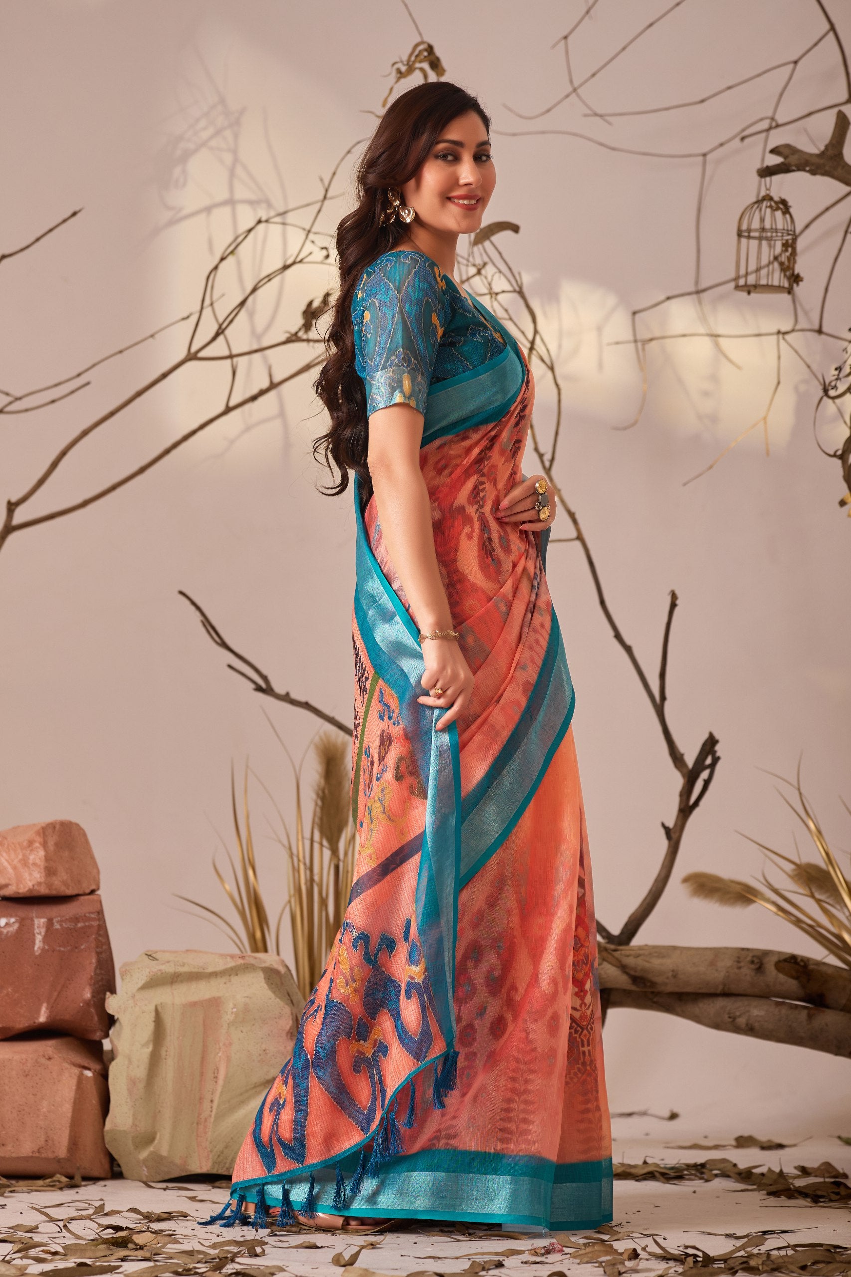 Premium Linen Cotton Saree with Elegant Digital Floral & Leaf Print & Classic Contrast Patola Style Border