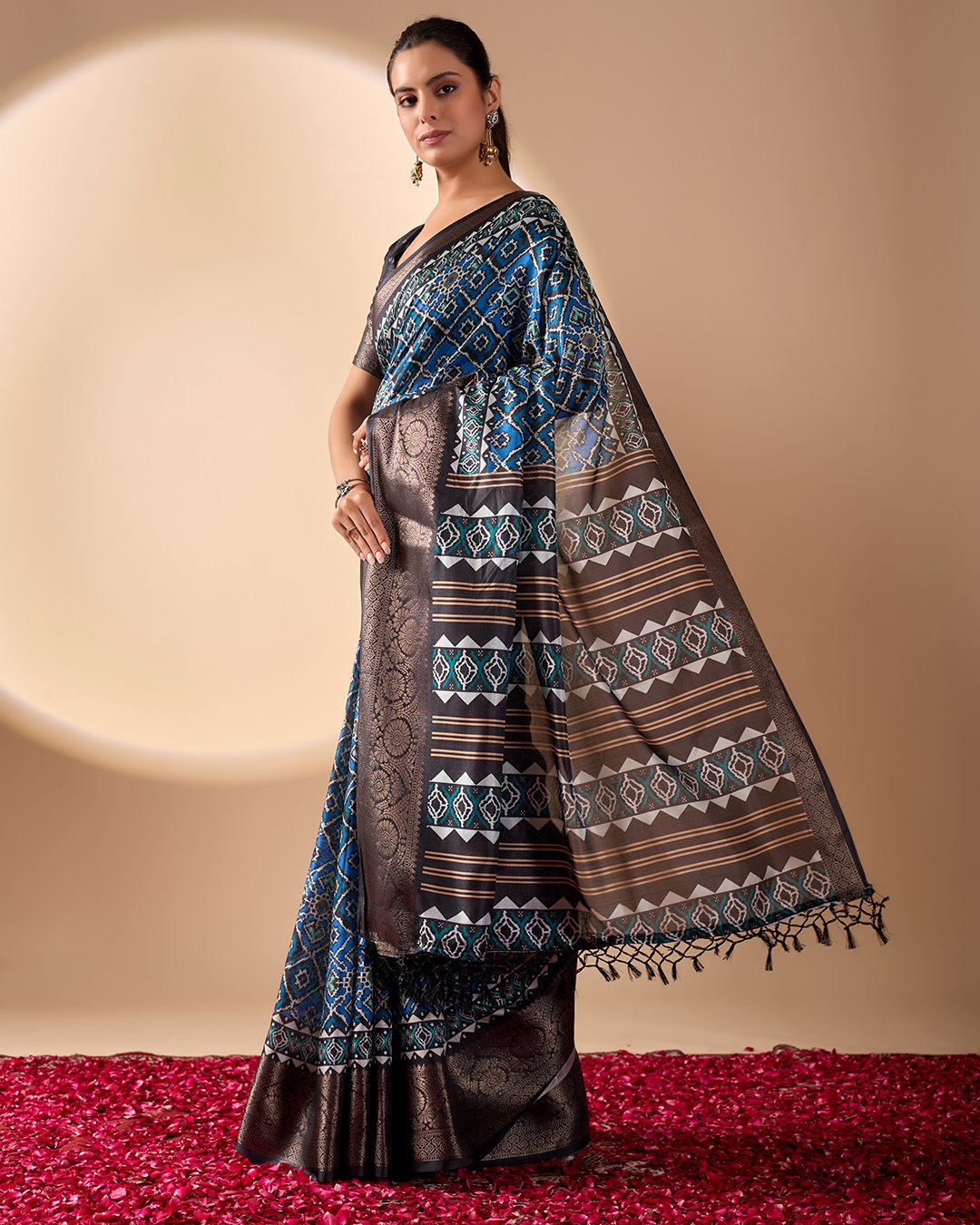 Exquisite Soft Lichi Silk Saree featuring elegant digital ethnic geometric designs paired with a luxurious copper zari border.