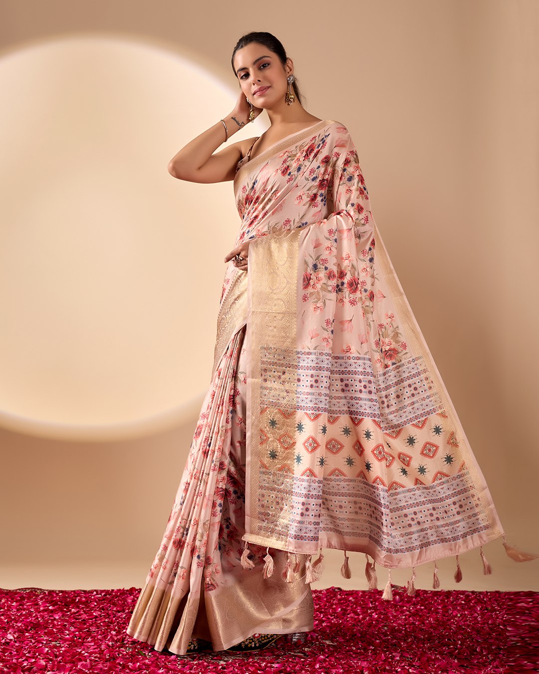 Premium Soft Lichi Silk Saree featuring enchanting floral digital weaving with a rich golden zari border