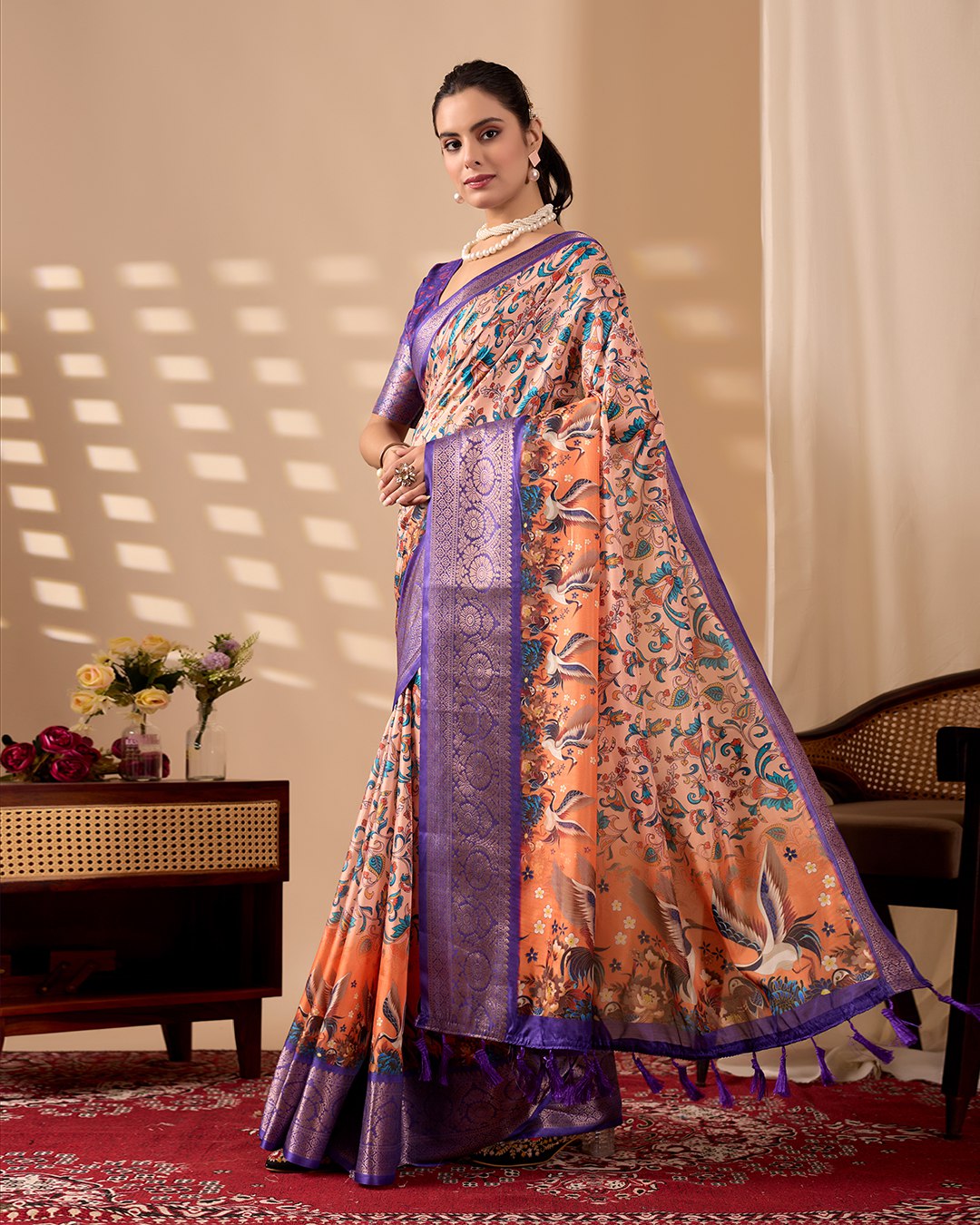 Elegant Soft Lichi Silk Saree featuring exquisite digital ethnic motifs and a royal purple golden zari border.