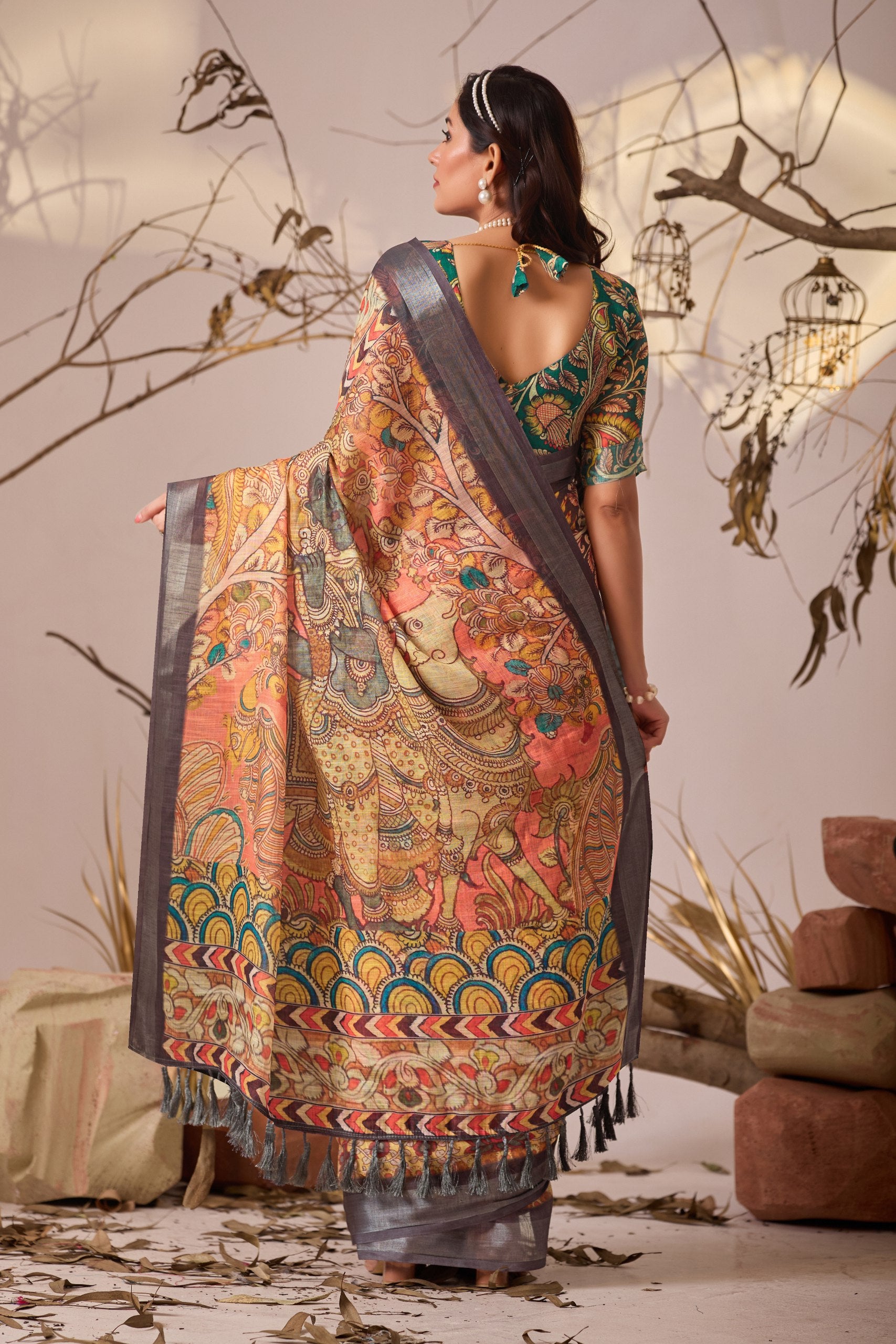 Premium Linen Cotton Saree with Elegant Digital Floral & Royal Ethnic Print & Classic Contrast Patola Style Border
