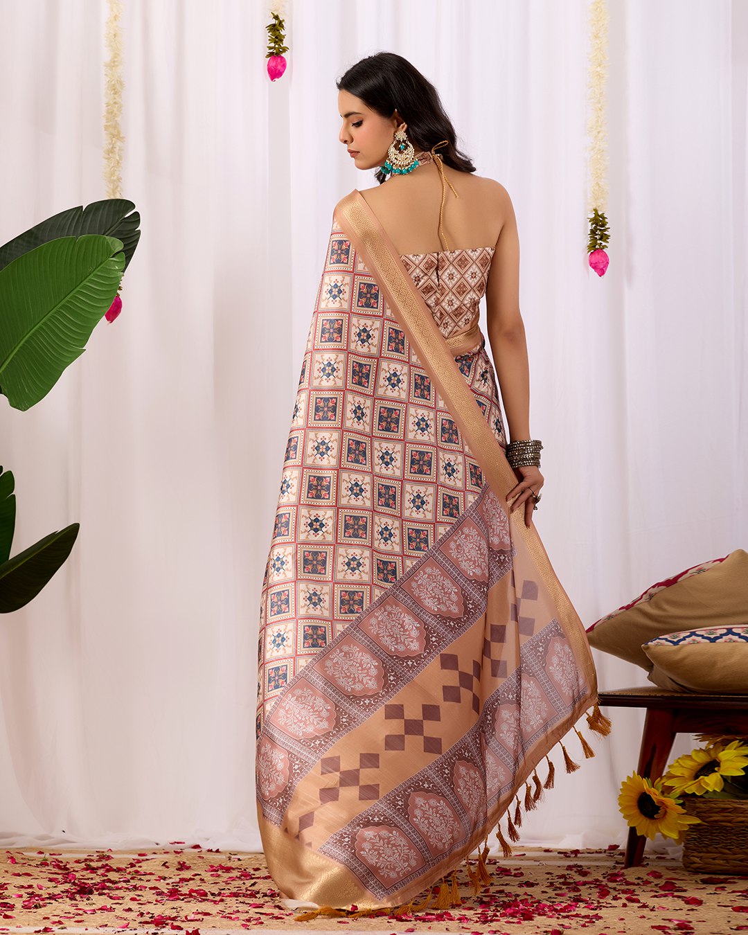 Premium Soft Lichi Silk Saree featuring elegant traditional geometric patterns, beautifully enhanced with a luxurious golden zari woven border — a graceful choice for every festive or formal occasion.