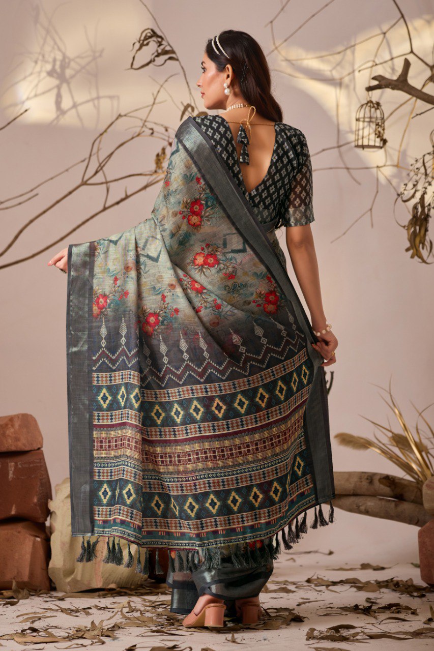Premium Linen Cotton Saree with Elegant Digital Floral & Royal Ethnic Print & Classic Contrast Patola Style Border