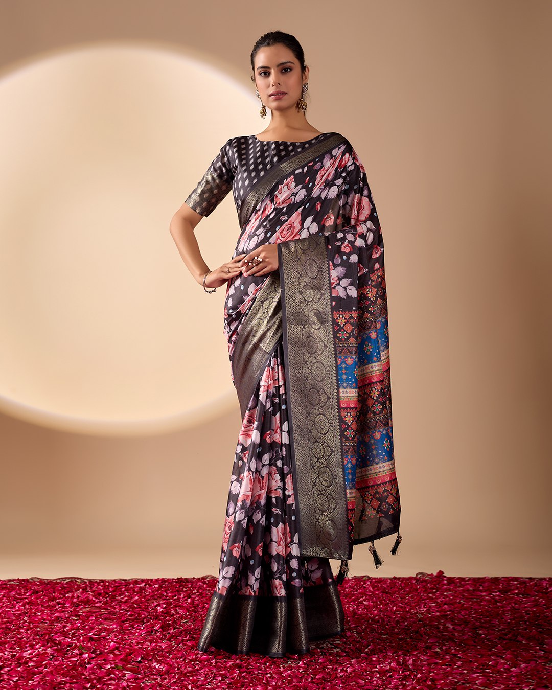 Premium Soft Lichi Silk Saree in Rich Black Tone, adorned with Artistic Floral Prints and a Vibrant Traditional Multicolor Pallu.