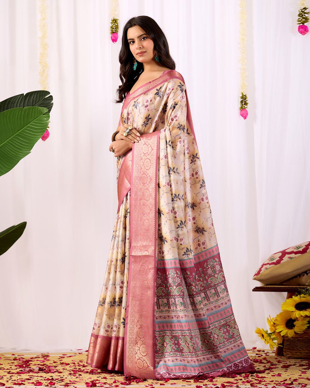 Premium Soft Lichi Silk Saree featuring mesmerizing floral digital prints beautifully enhanced with an elegant contrast zari woven border.