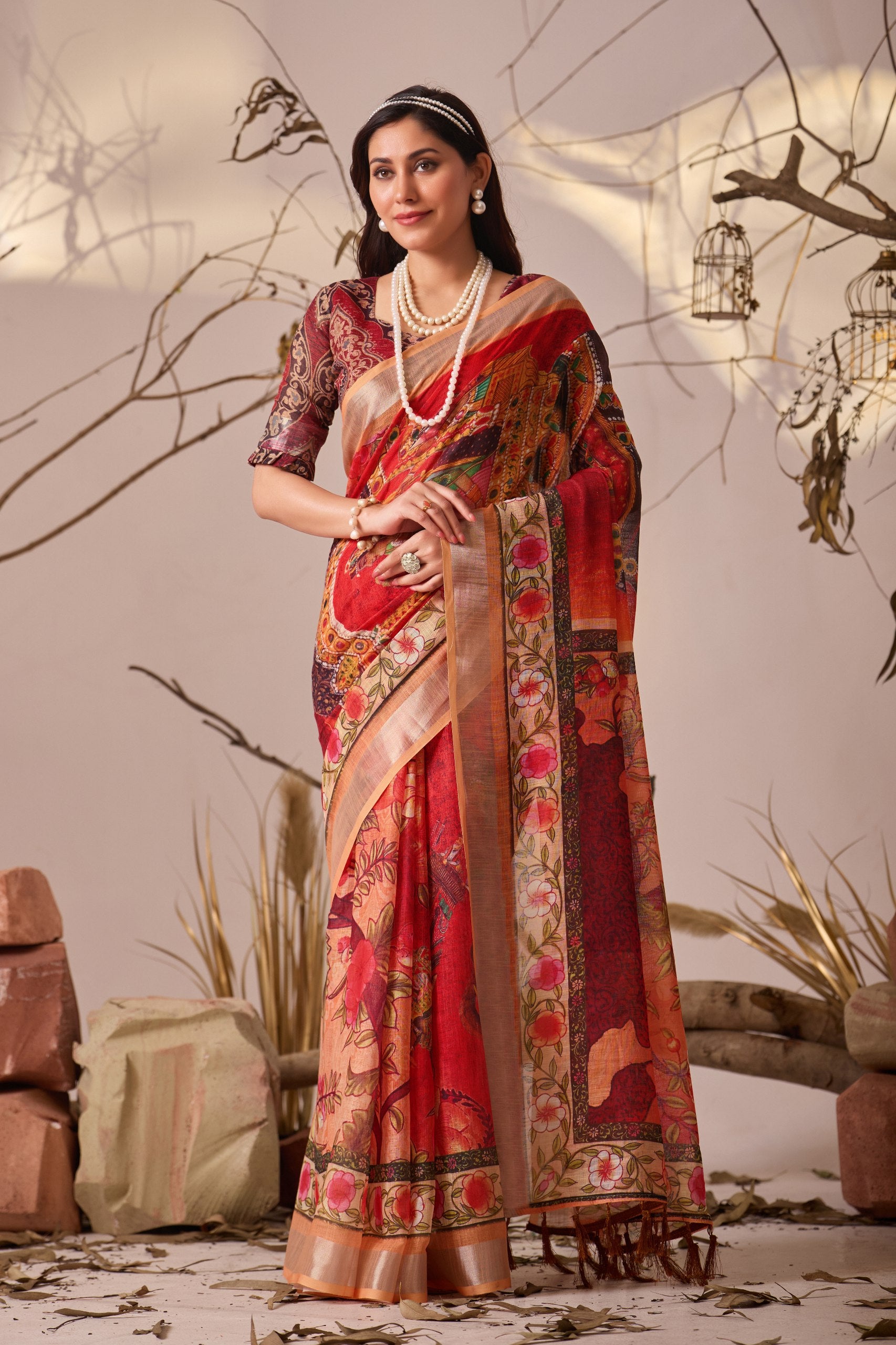Premium Linen Cotton Saree with Elegant Digital Floral & Artistic Print & Classic Contrast Patola Style Border