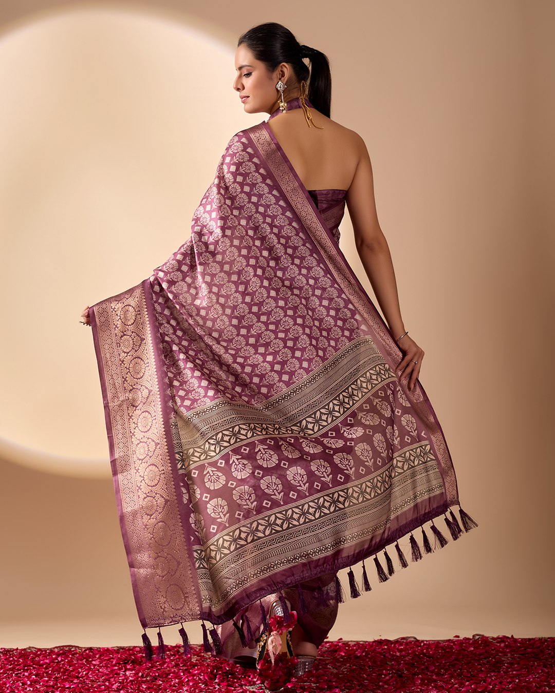 Regal Soft Lichi Silk Saree adorned with intricate digital ethnic weaving motifs and a luxurious golden zari border.