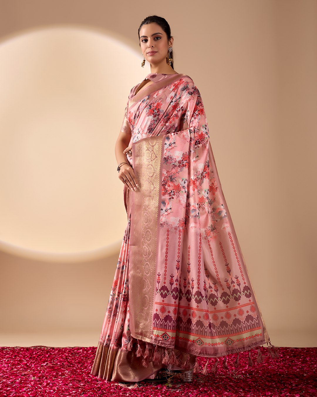 Gorgeous Soft Lichi Silk Saree with enchanting digital floral prints and a rich golden zari border.