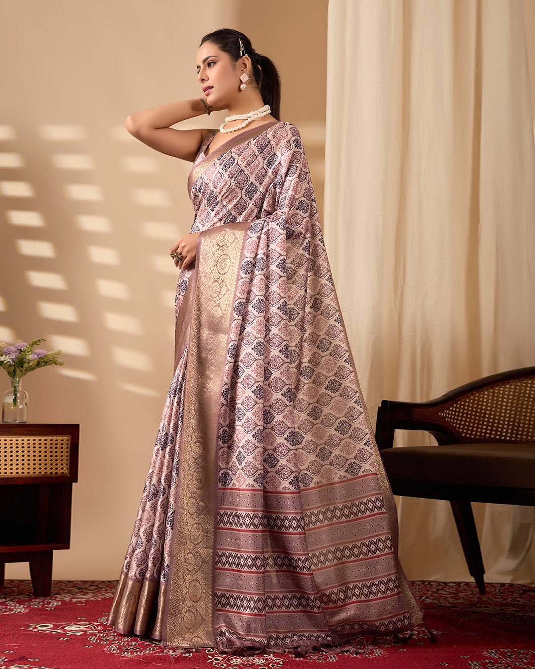 Elegant Soft Lichi Silk Saree beautifully crafted with intricate digital weaving patterns and a rich golden zari border