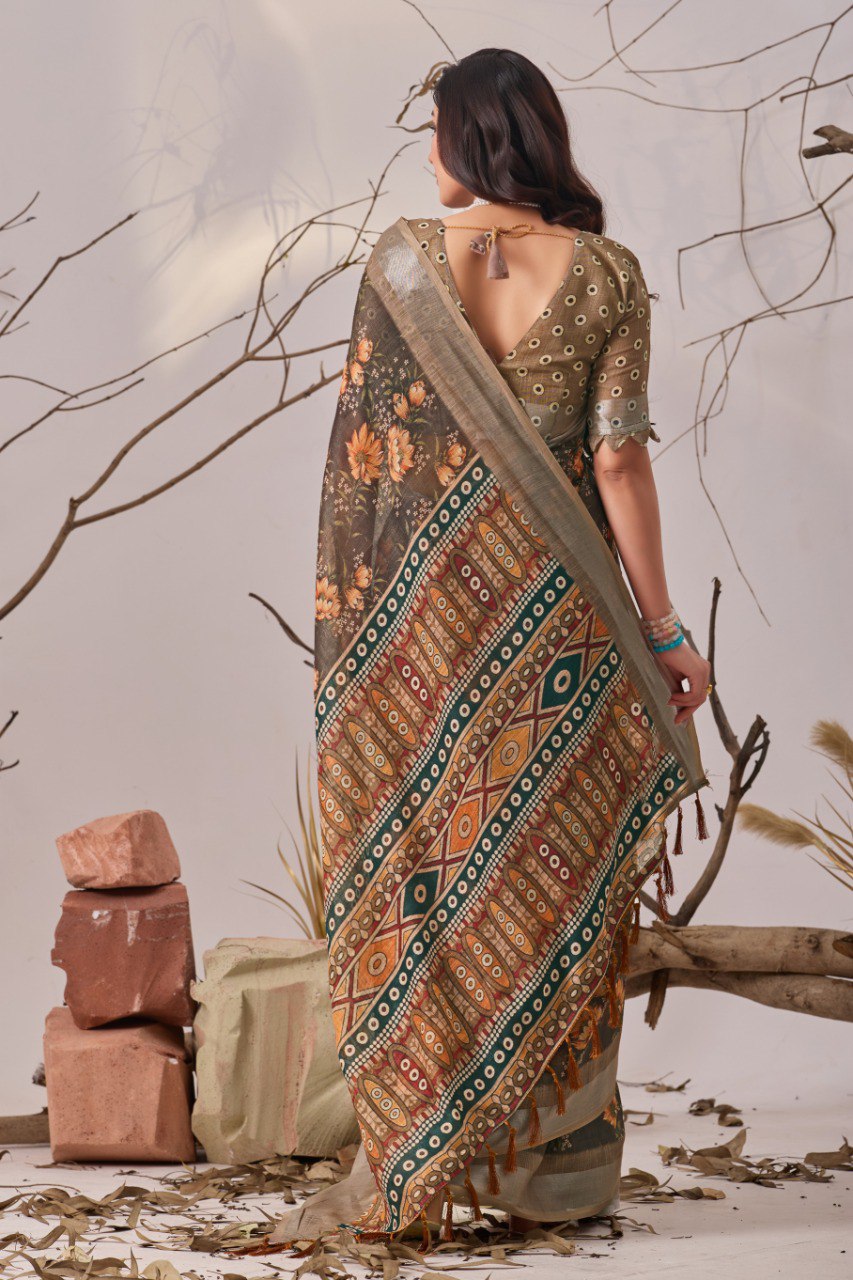 Linen Cotton Saree with Beautiful floral pattern Digital Printed Design