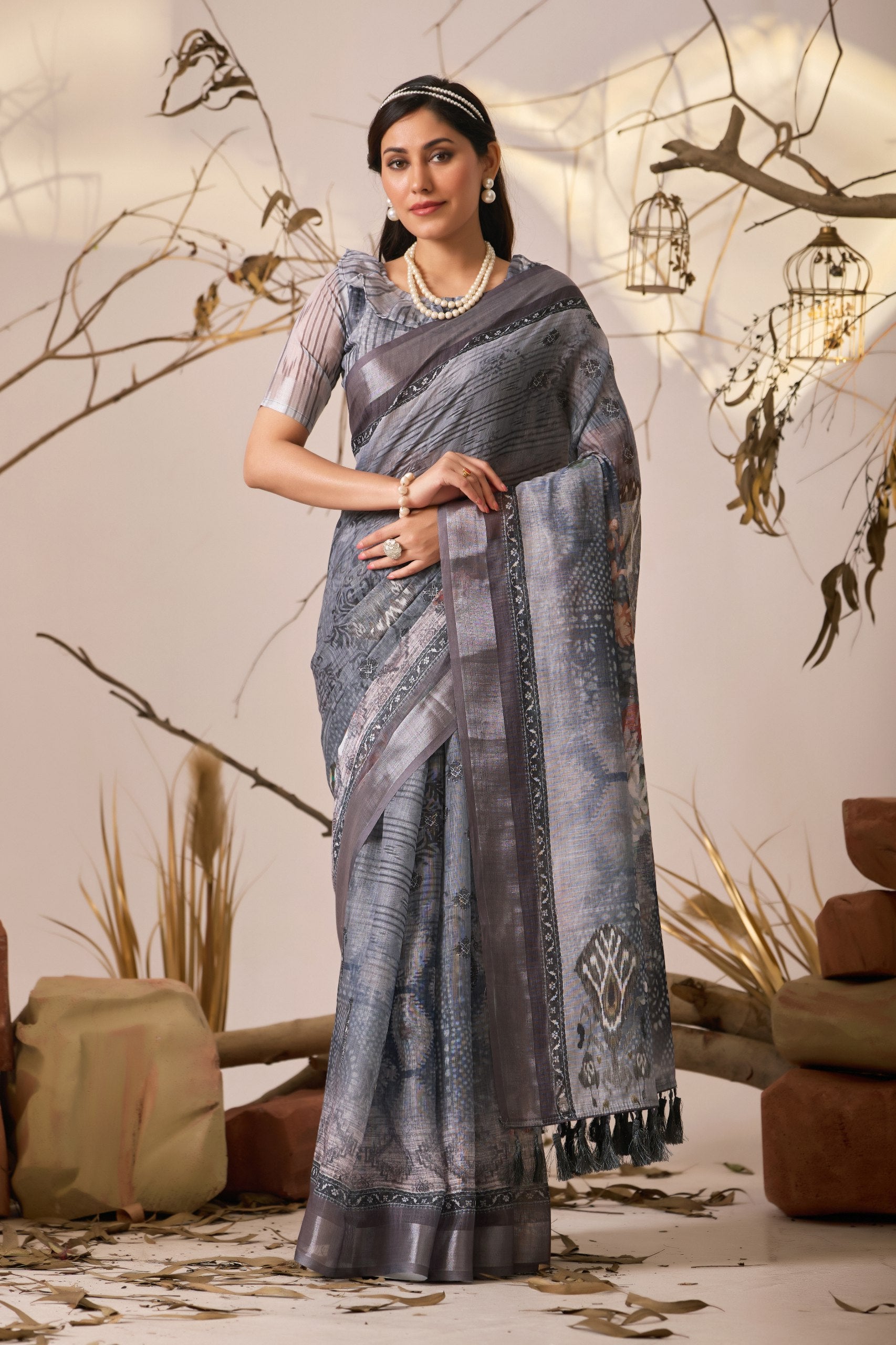 Premium Linen Cotton Saree with Elegant Digital Floral & Royal Ethnic Print & Classic Contrast Patola Style Border